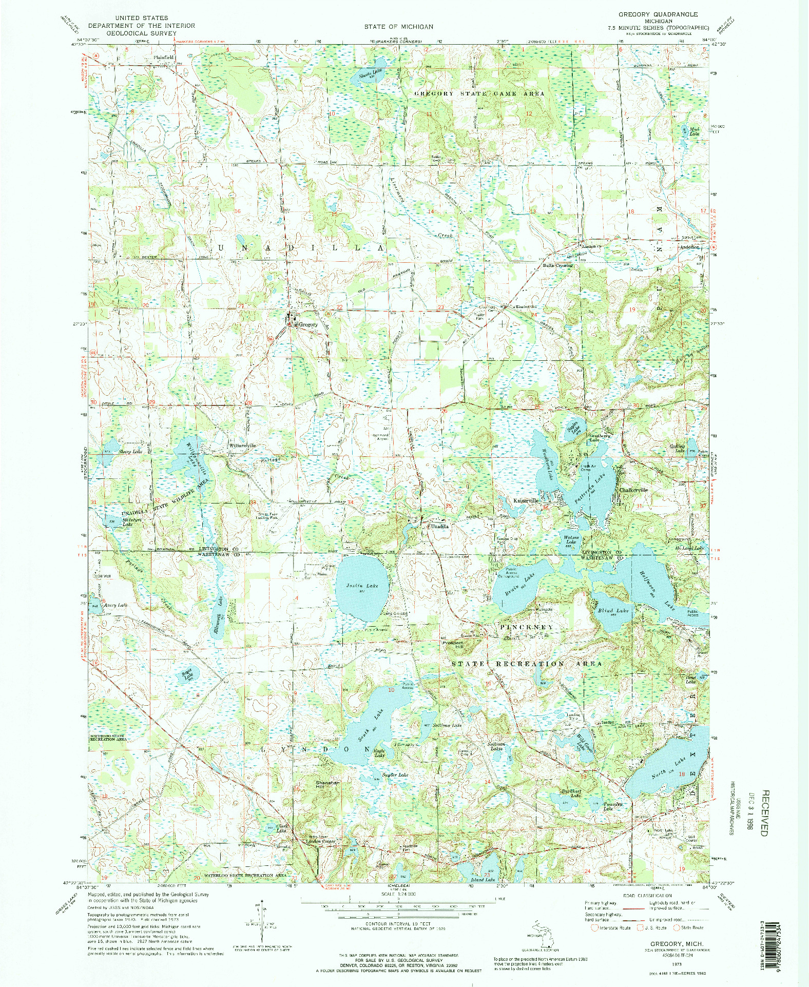 USGS 1:24000-SCALE QUADRANGLE FOR GREGORY, MI 1973