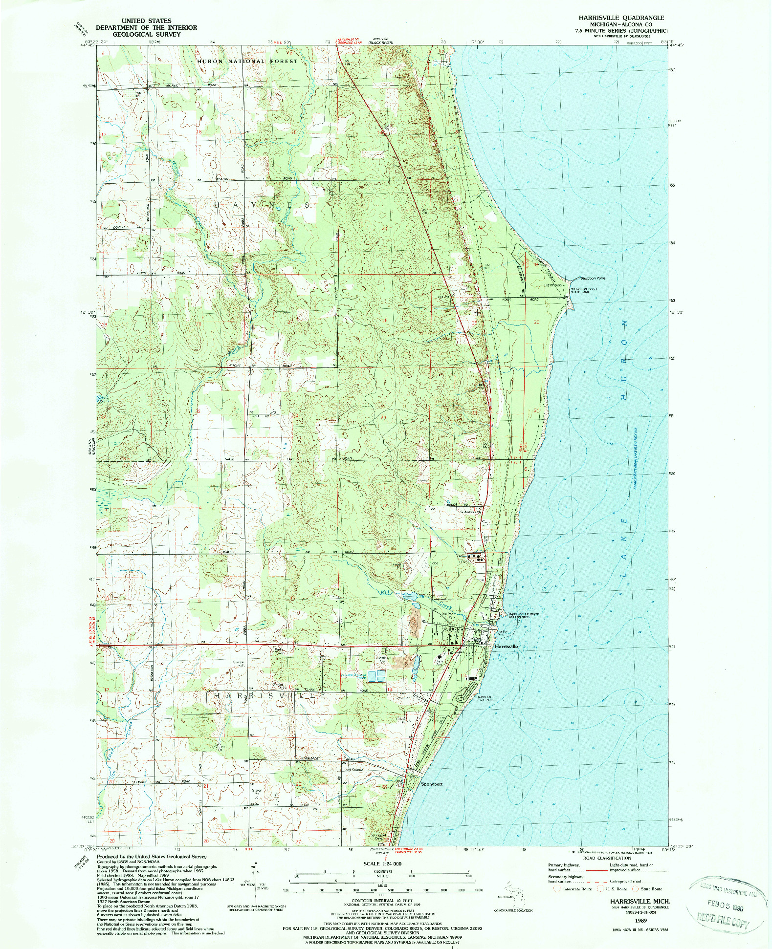 USGS 1:24000-SCALE QUADRANGLE FOR HARRISVILLE, MI 1989