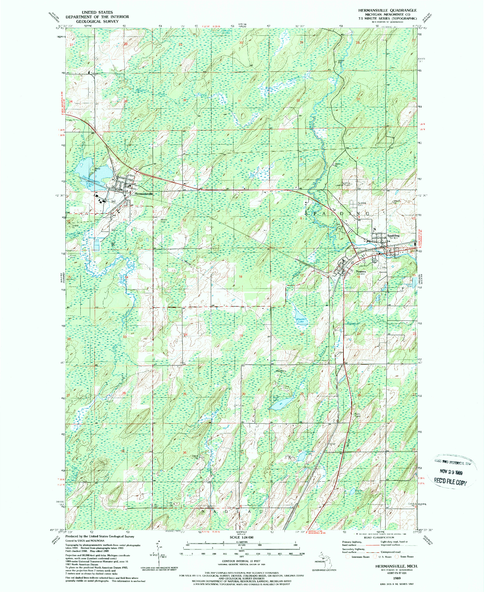 USGS 1:24000-SCALE QUADRANGLE FOR HERMANSVILLE, MI 1989