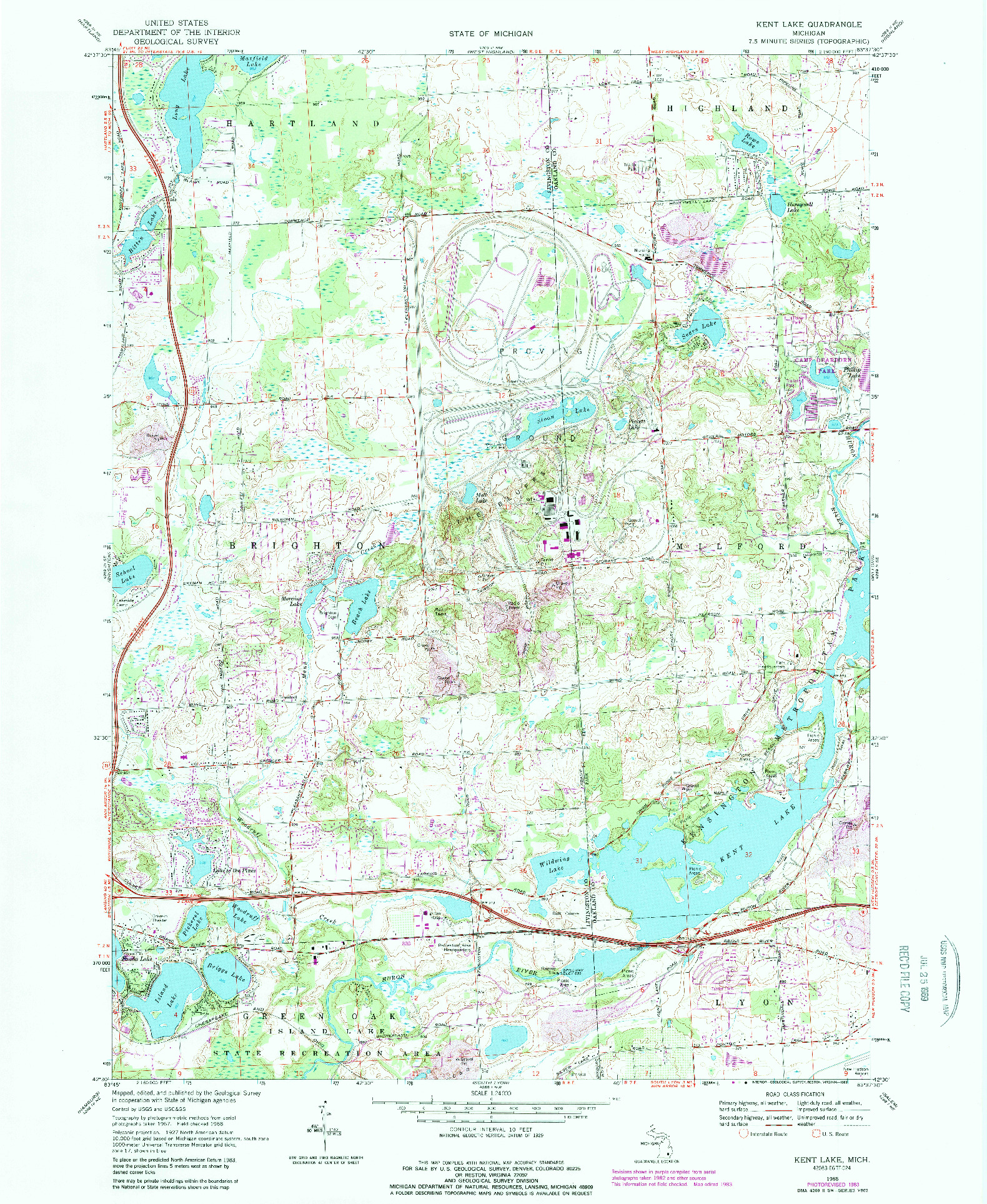 USGS 1:24000-SCALE QUADRANGLE FOR KENT LAKE, MI 1968