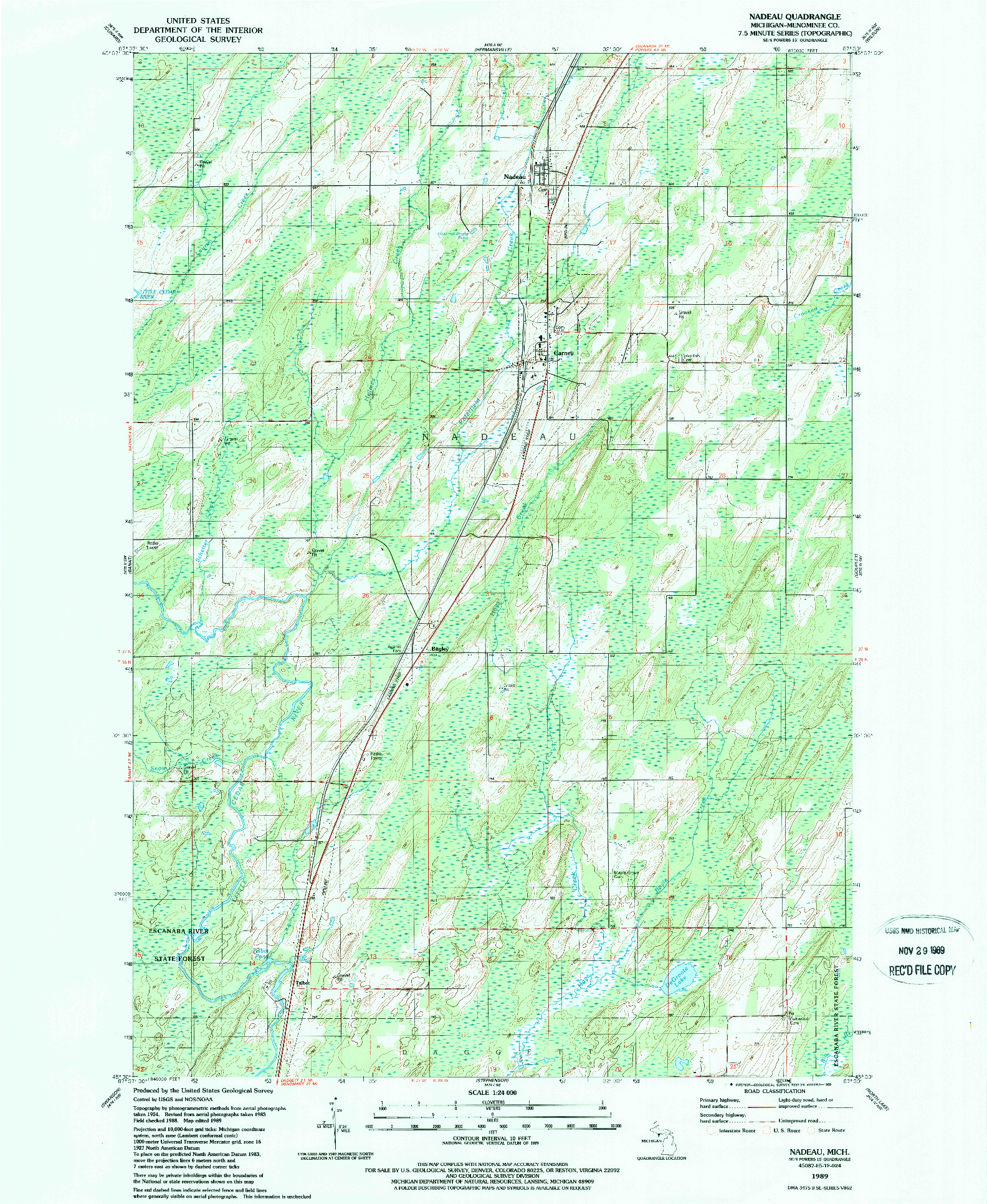 USGS 1:24000-SCALE QUADRANGLE FOR NADEAU, MI 1989