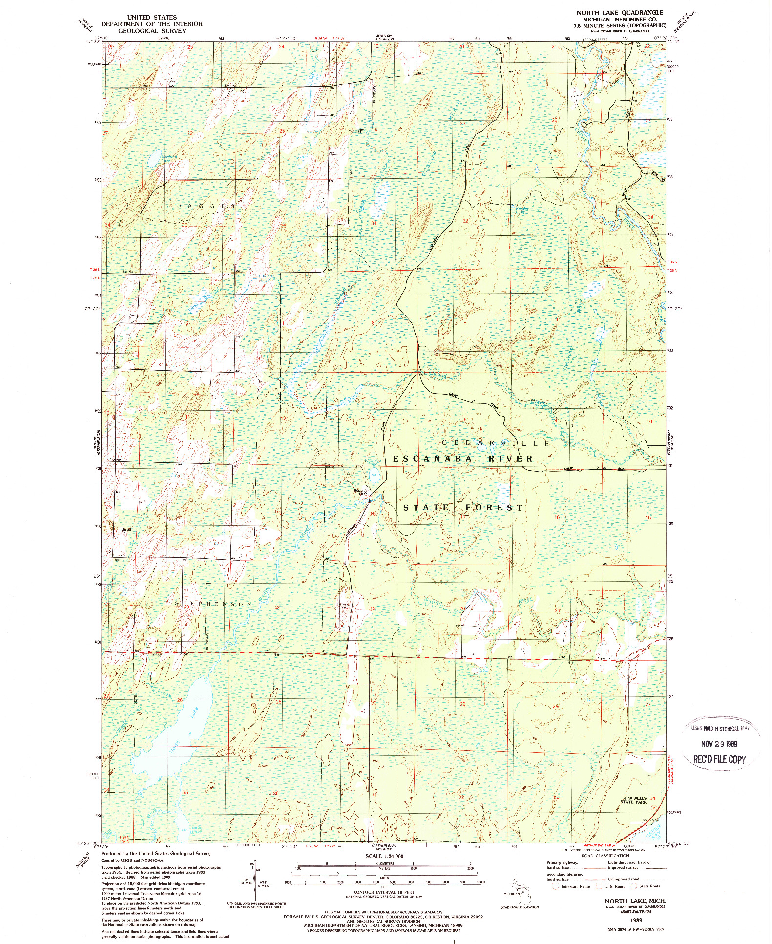 USGS 1:24000-SCALE QUADRANGLE FOR NORTH LAKE, MI 1989
