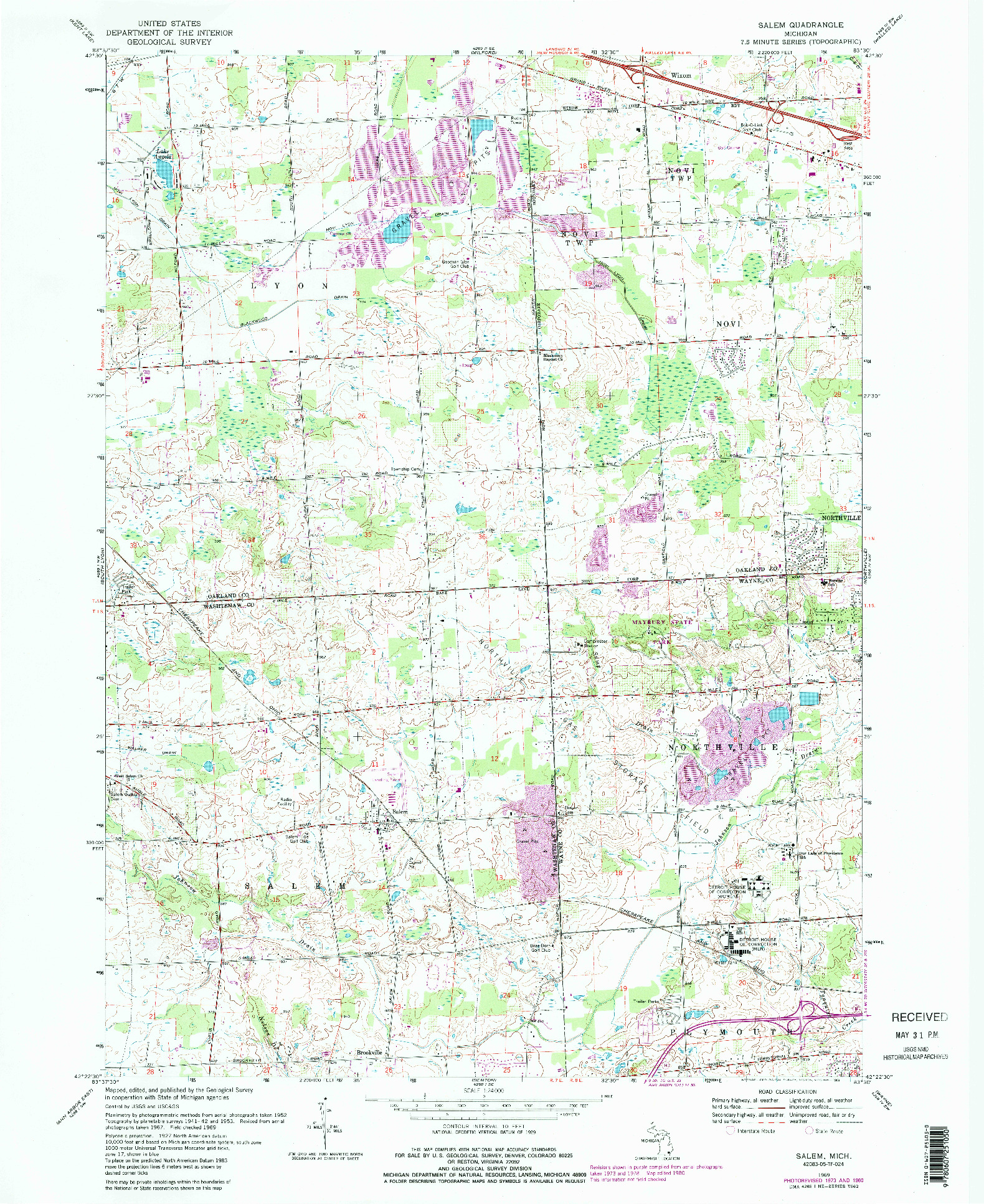 USGS 1:24000-SCALE QUADRANGLE FOR SALEM, MI 1969