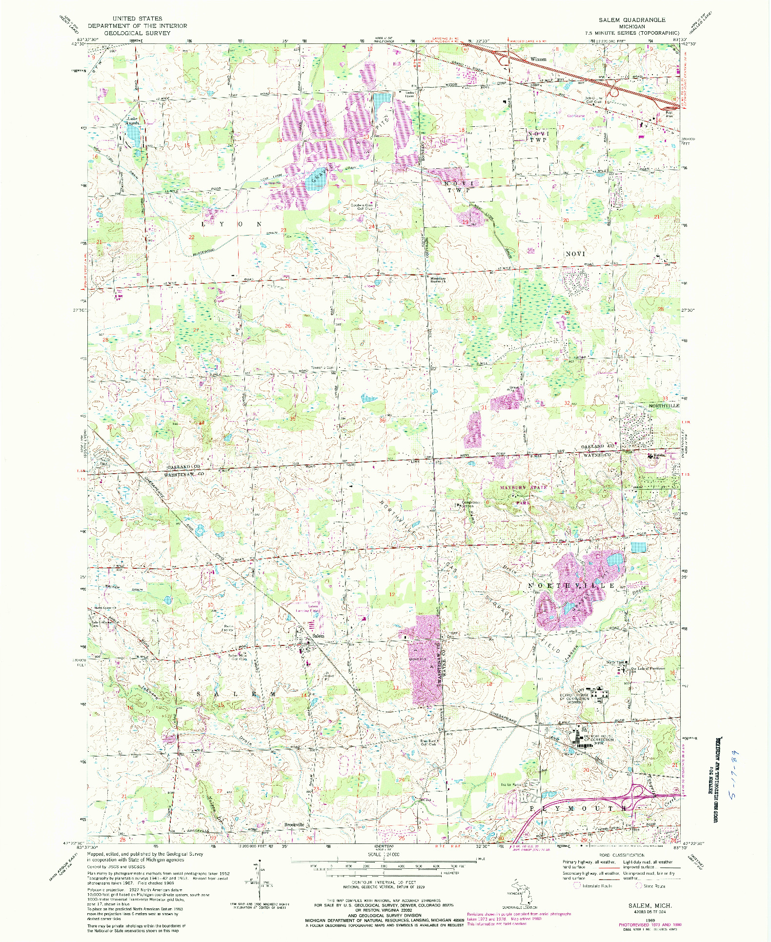 USGS 1:24000-SCALE QUADRANGLE FOR SALEM, MI 1969