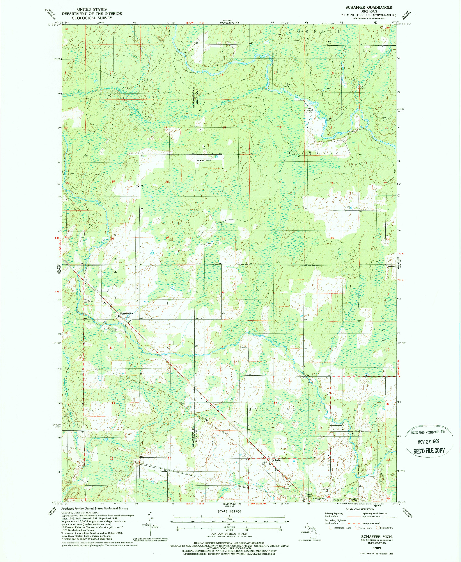 USGS 1:24000-SCALE QUADRANGLE FOR SCHAFFER, MI 1989