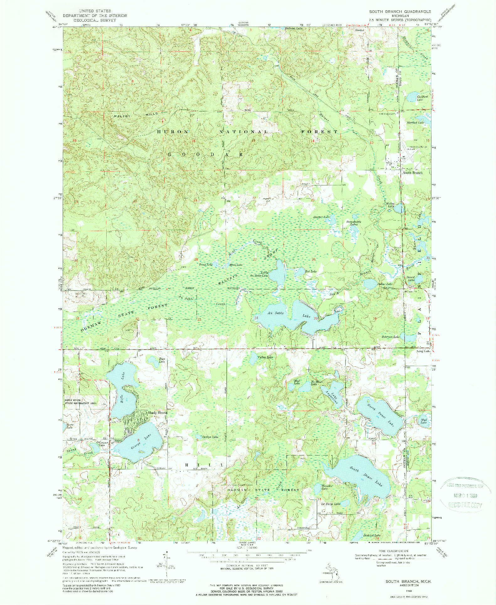 USGS 1:24000-SCALE QUADRANGLE FOR SOUTH BRANCH, MI 1968
