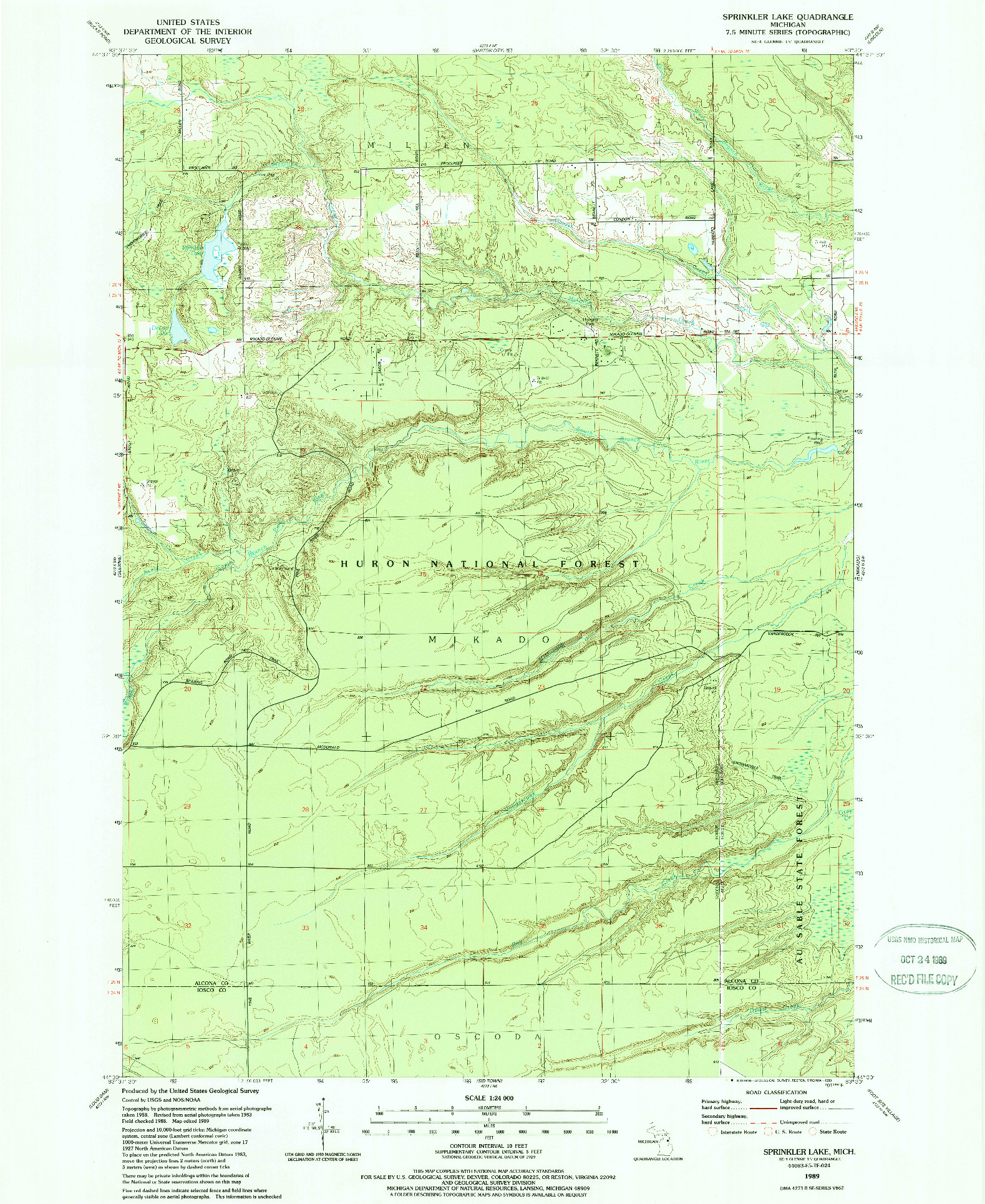 USGS 1:24000-SCALE QUADRANGLE FOR SPRINKLER LAKE, MI 1989