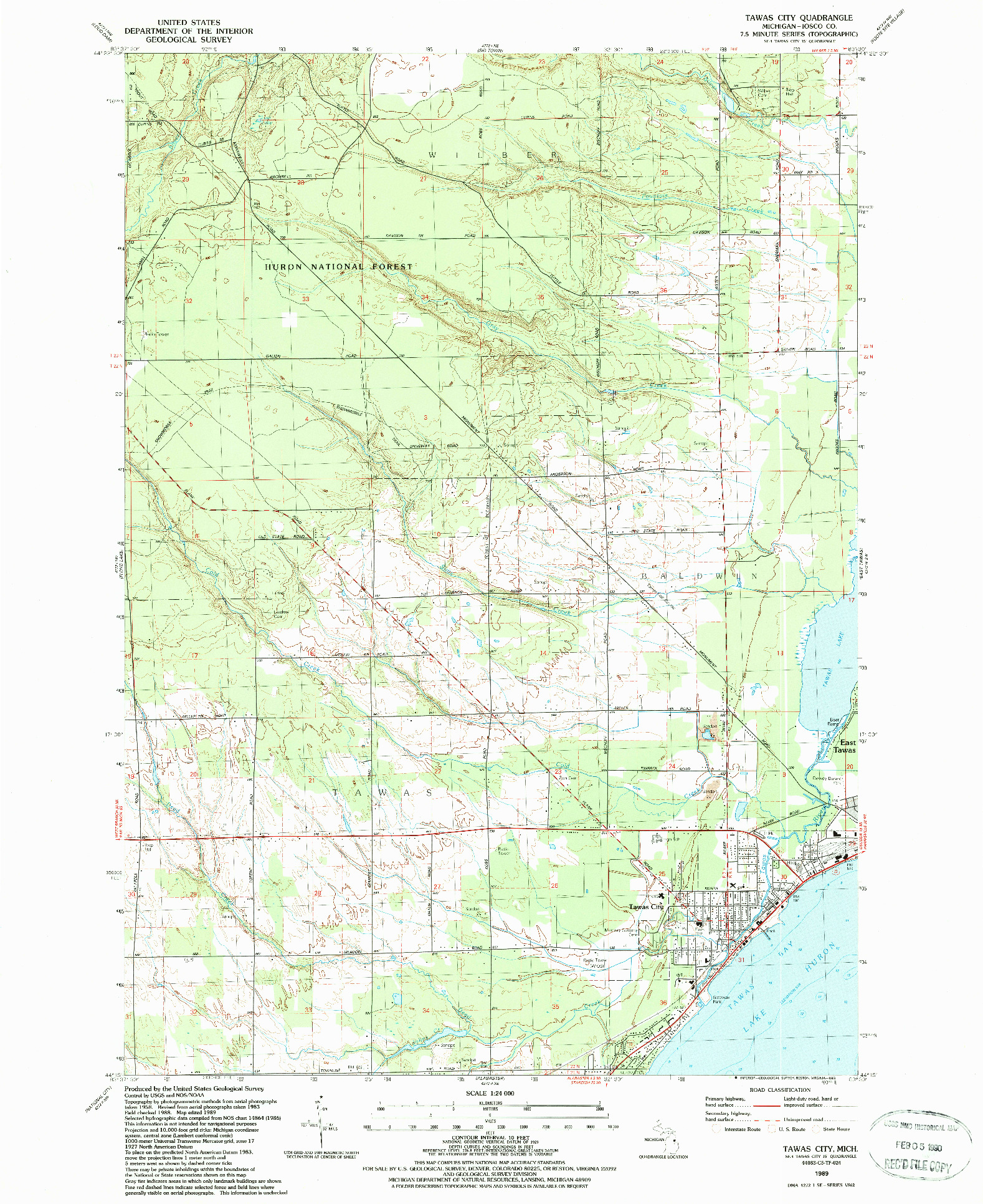 USGS 1:24000-SCALE QUADRANGLE FOR TAWAS CITY, MI 1989