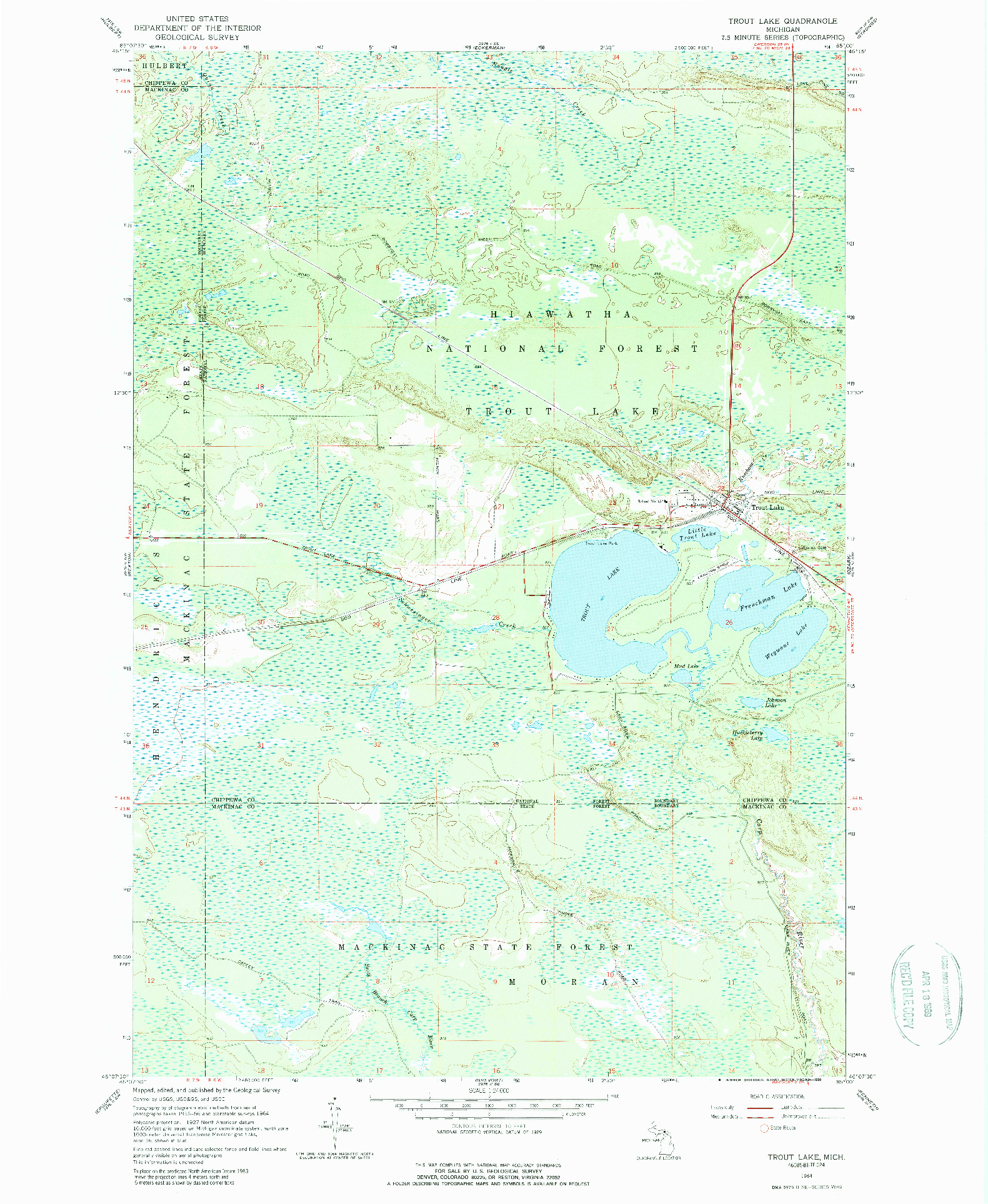 USGS 1:24000-SCALE QUADRANGLE FOR TROUT LAKE, MI 1964