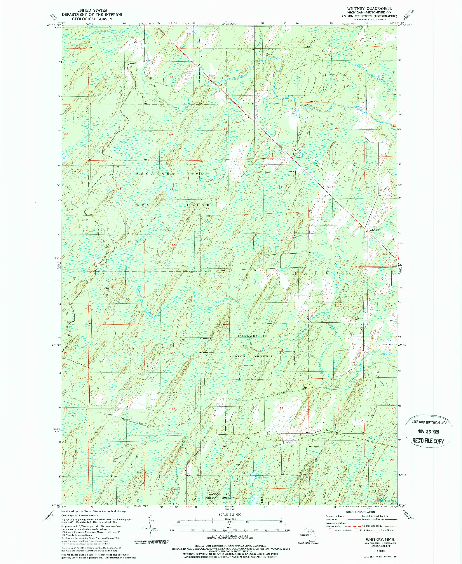 USGS 1:24000-SCALE QUADRANGLE FOR WHITNEY, MI 1989