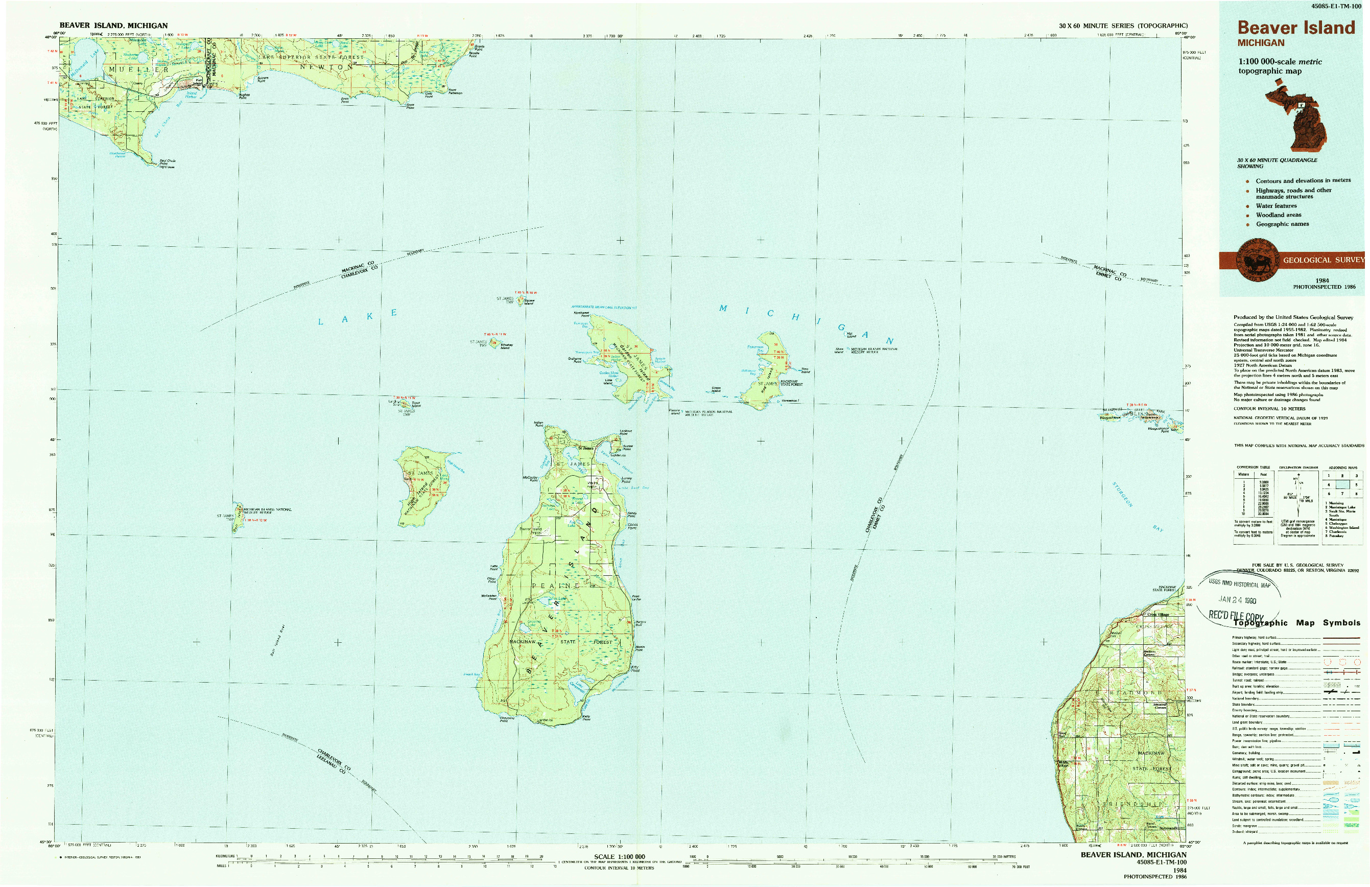 USGS 1:100000-SCALE QUADRANGLE FOR BEAVER ISLAND, MI 1984