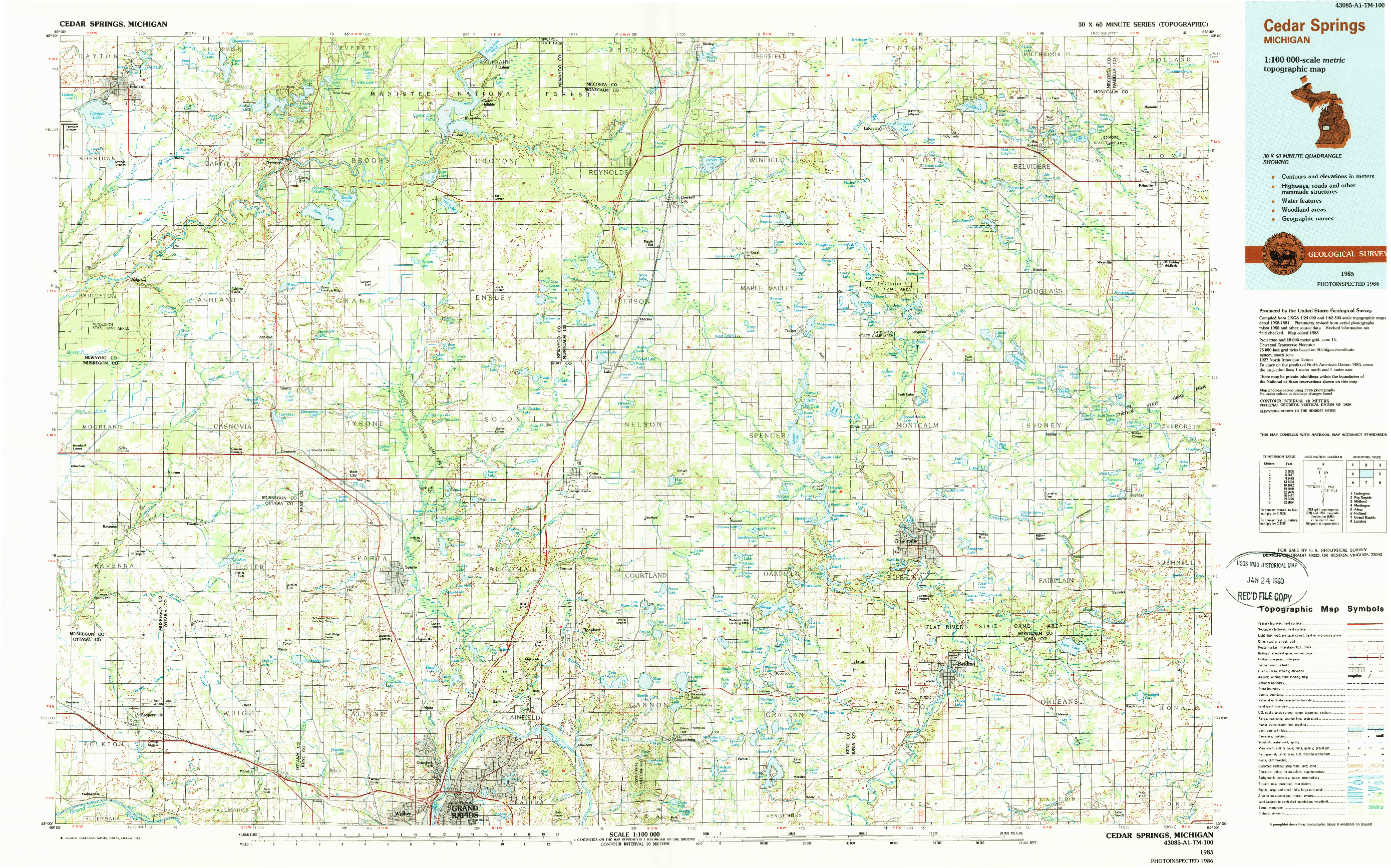 USGS 1:100000-SCALE QUADRANGLE FOR CEDAR SPRINGS, MI 1986
