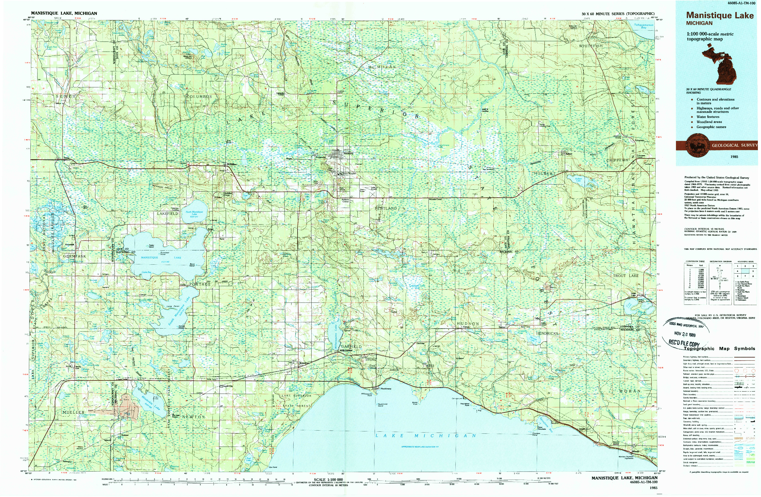 USGS 1:100000-SCALE QUADRANGLE FOR MANISTIQUE LAKE, MI 1985