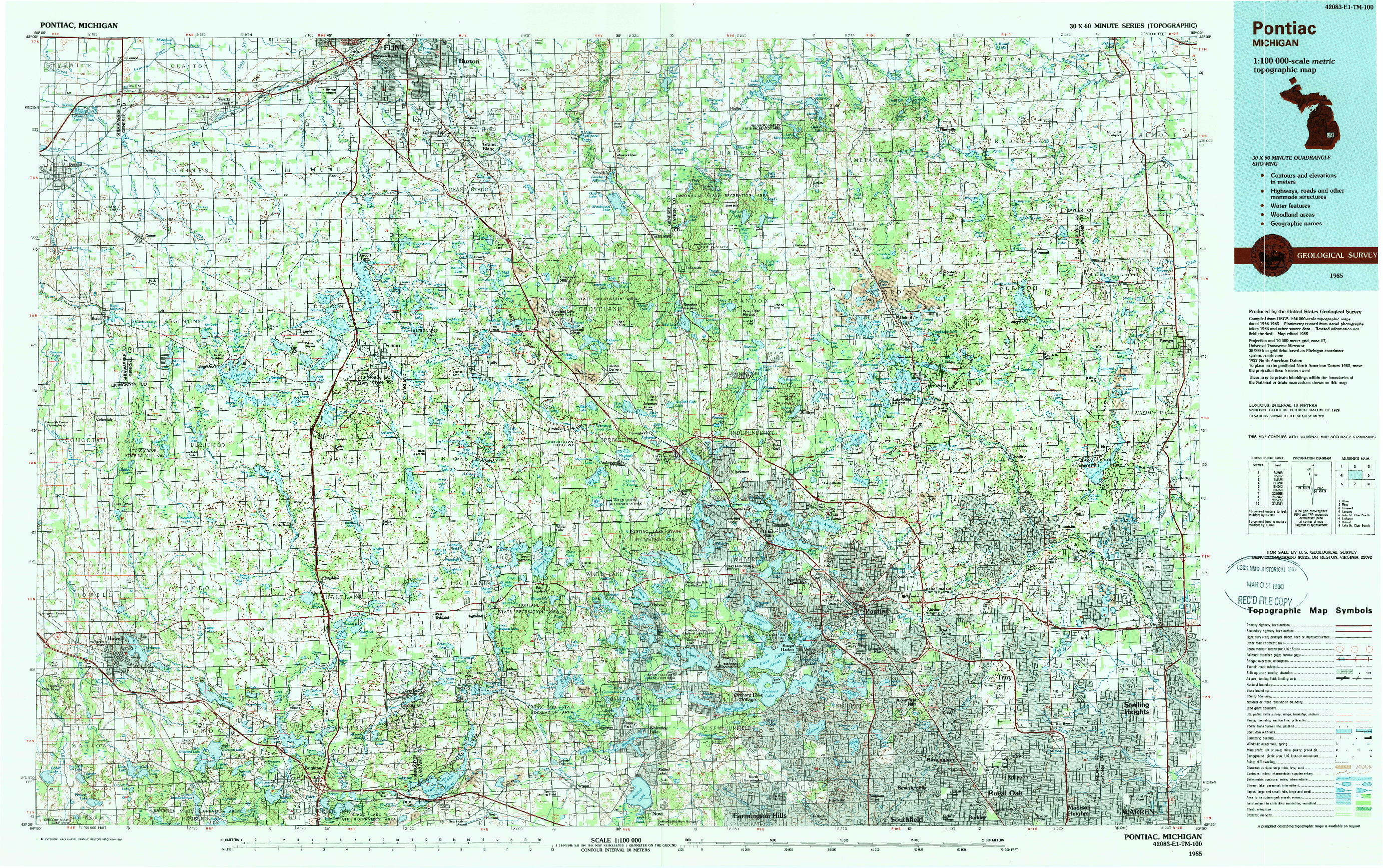 USGS 1:100000-SCALE QUADRANGLE FOR PONTIAC, MI 1985