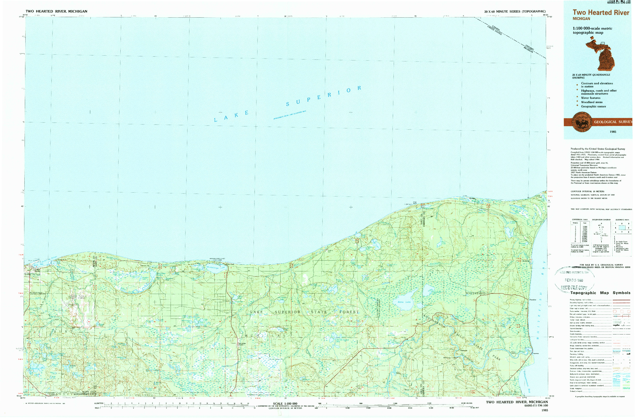 USGS 1:100000-SCALE QUADRANGLE FOR TWO HEARTED RIVER, MI 1985