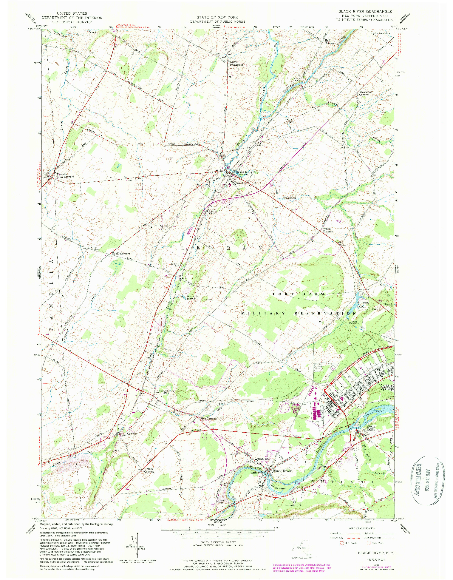 USGS 1:24000-SCALE QUADRANGLE FOR BLACK RIVER, NY 1958