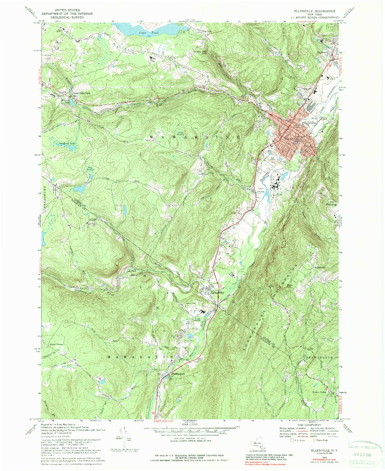 USGS 1:24000-SCALE QUADRANGLE FOR ELLENVILLE, NY 1969