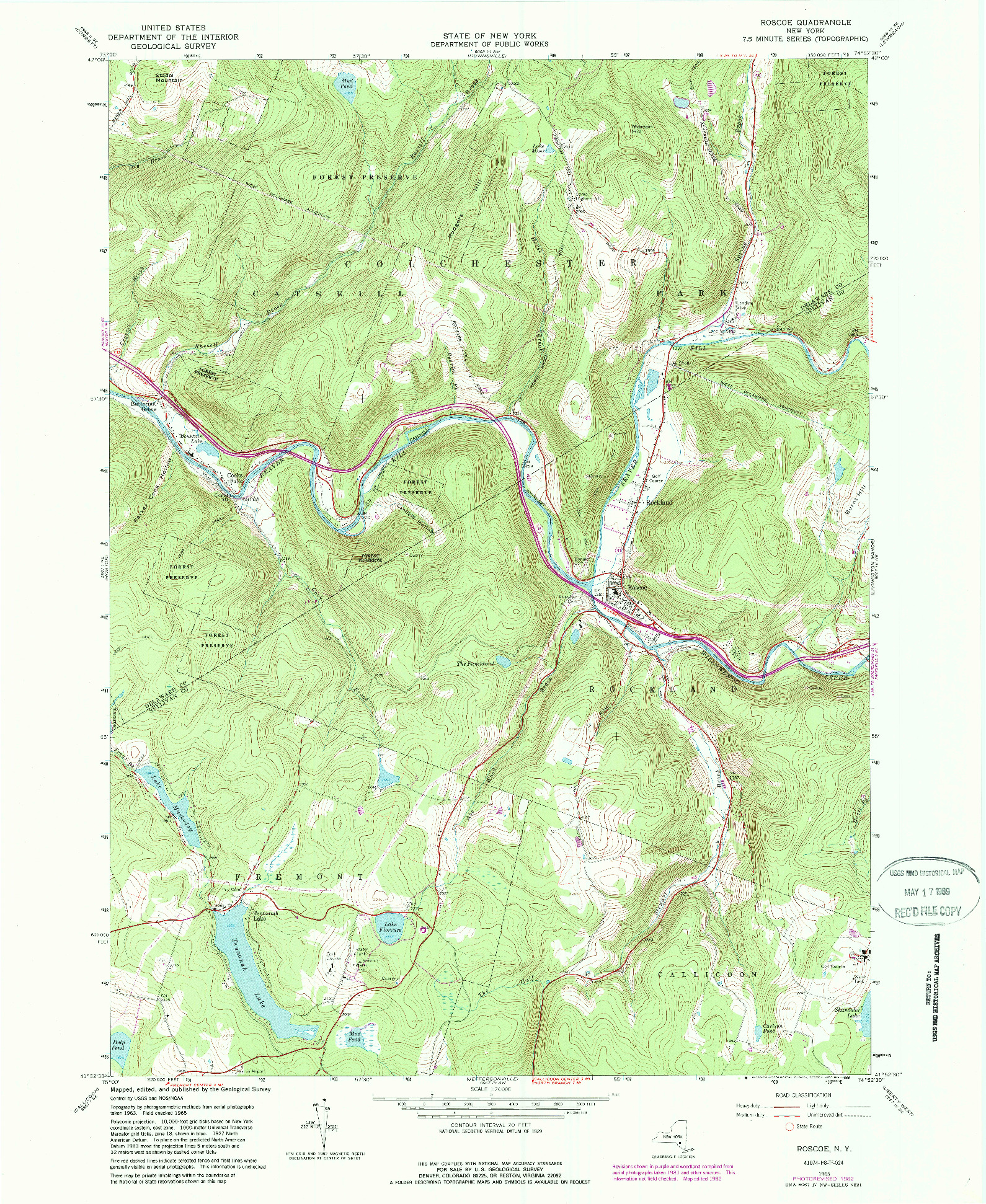 USGS 1:24000-SCALE QUADRANGLE FOR ROSCOE, NY 1965