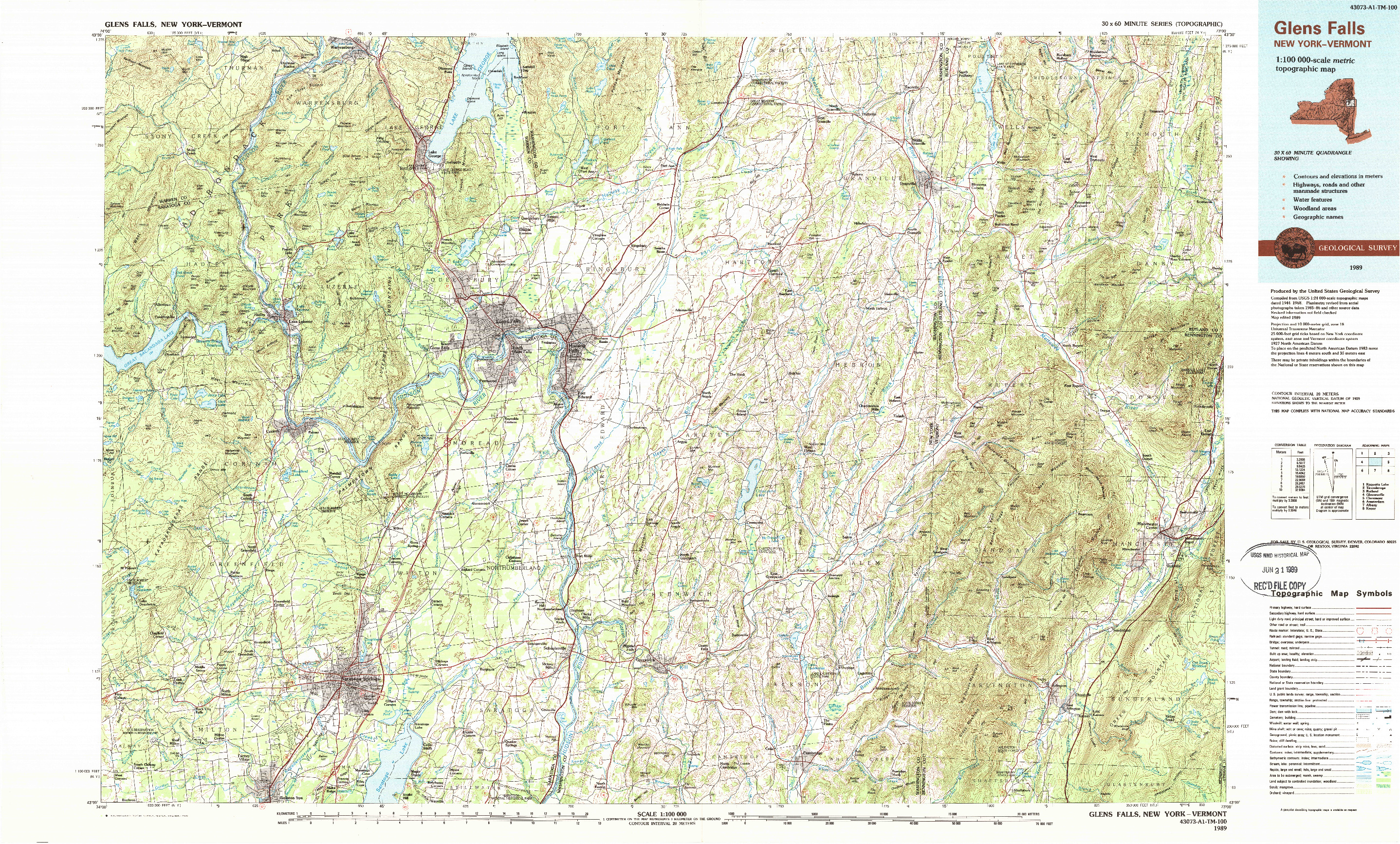 USGS 1:100000-SCALE QUADRANGLE FOR GLENS FALLS, NY 1989