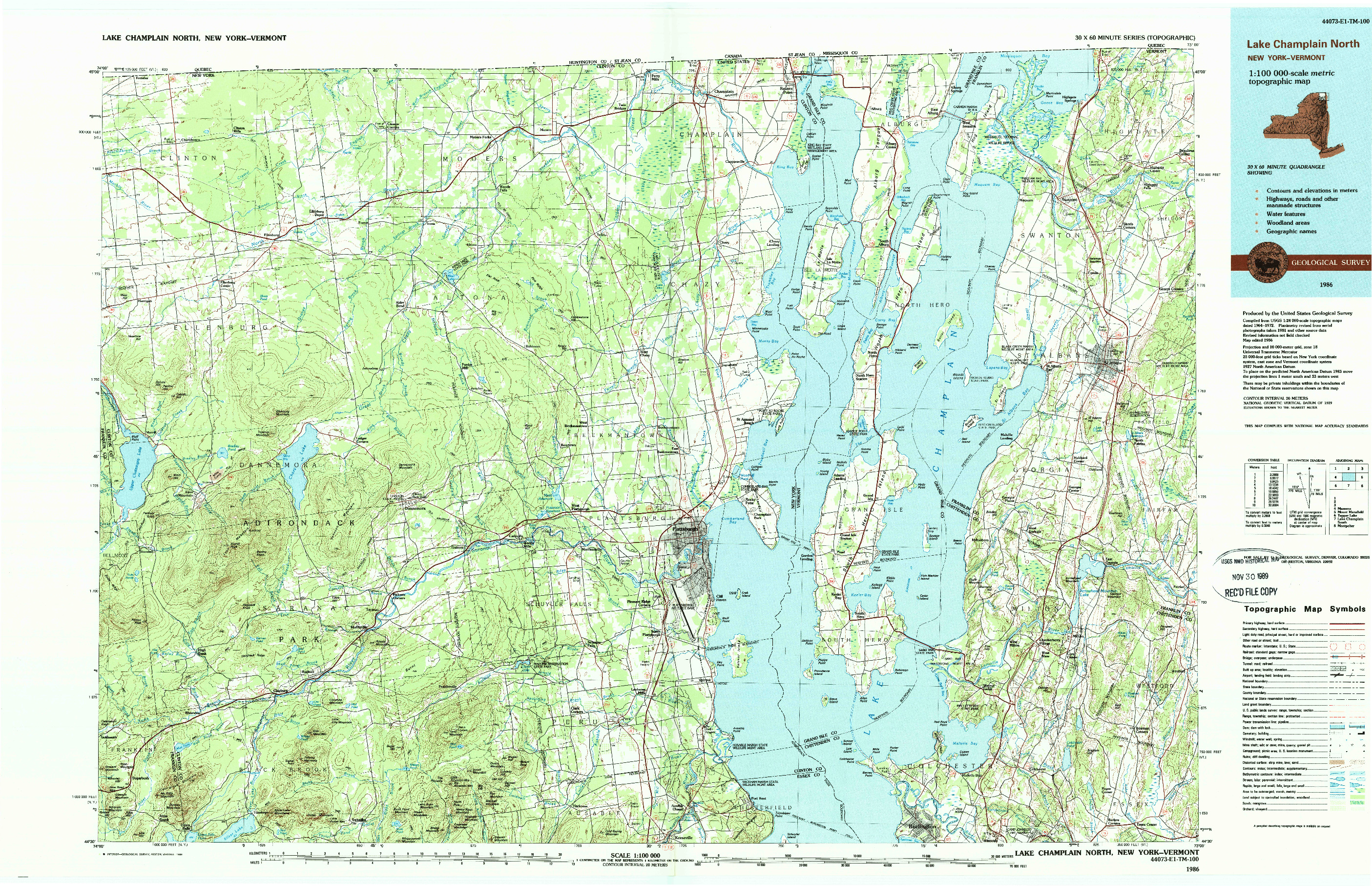 USGS 1:100000-SCALE QUADRANGLE FOR LAKE CHAMPLAIN NORTH, NY 1986