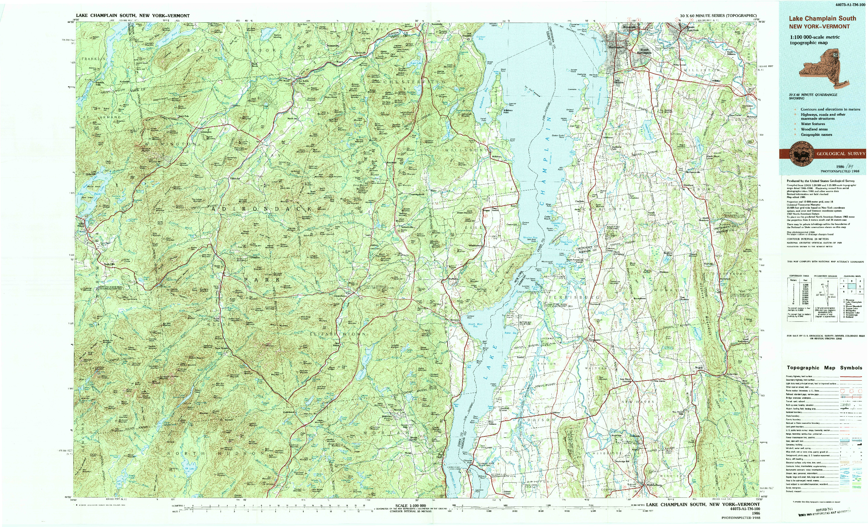 USGS 1:100000-SCALE QUADRANGLE FOR LAKE CHAMPLAIN SOUTH, NY 1986