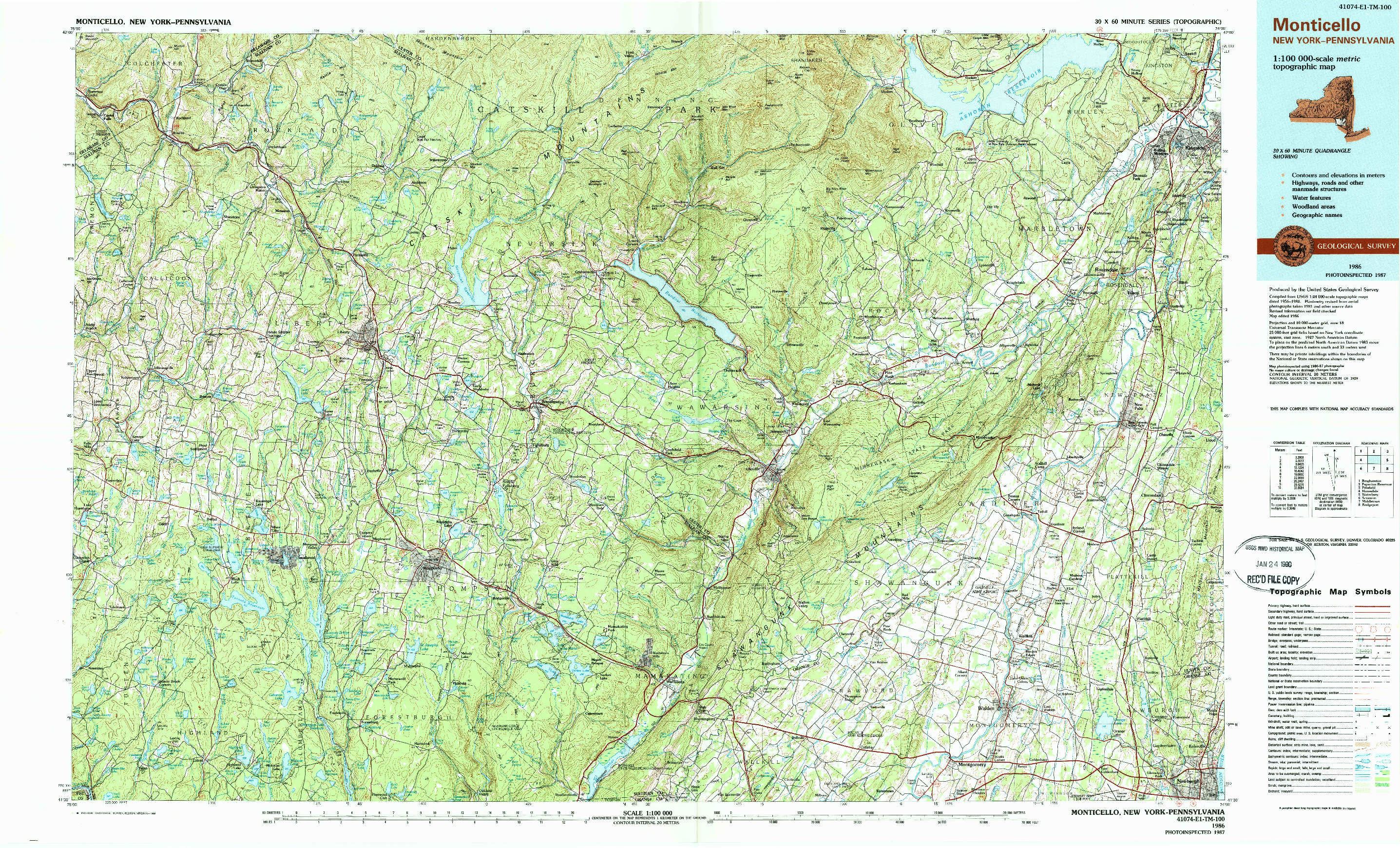 USGS 1:100000-SCALE QUADRANGLE FOR MONTICELLO, NY 1986