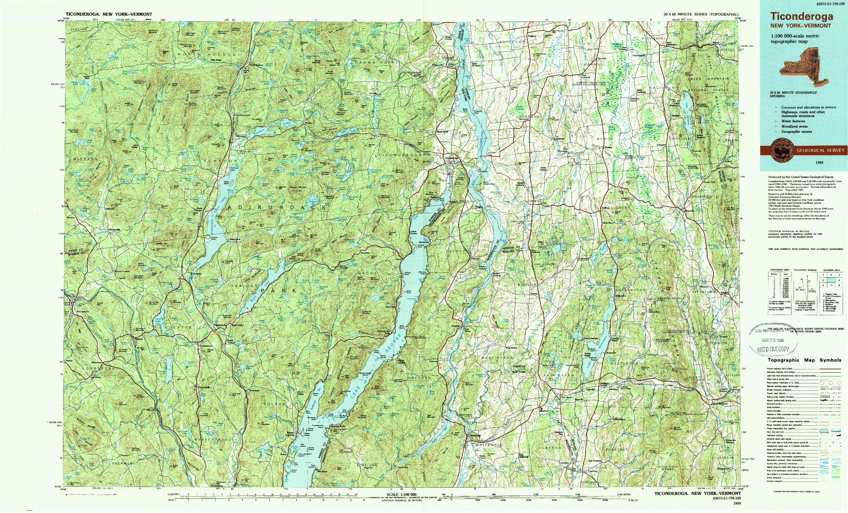 USGS 1:100000-SCALE QUADRANGLE FOR TICONDEROGA, NY 1989