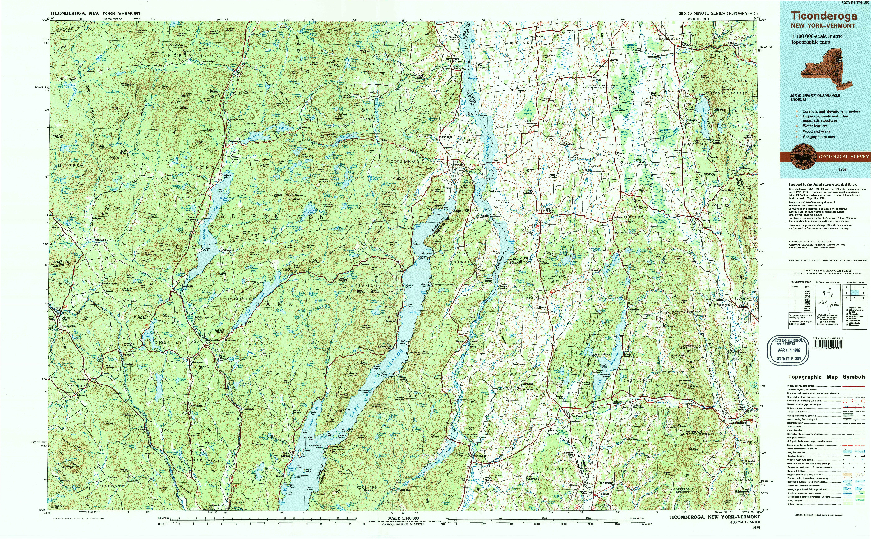 USGS 1:100000-SCALE QUADRANGLE FOR TICONDEROGA, NY 1989
