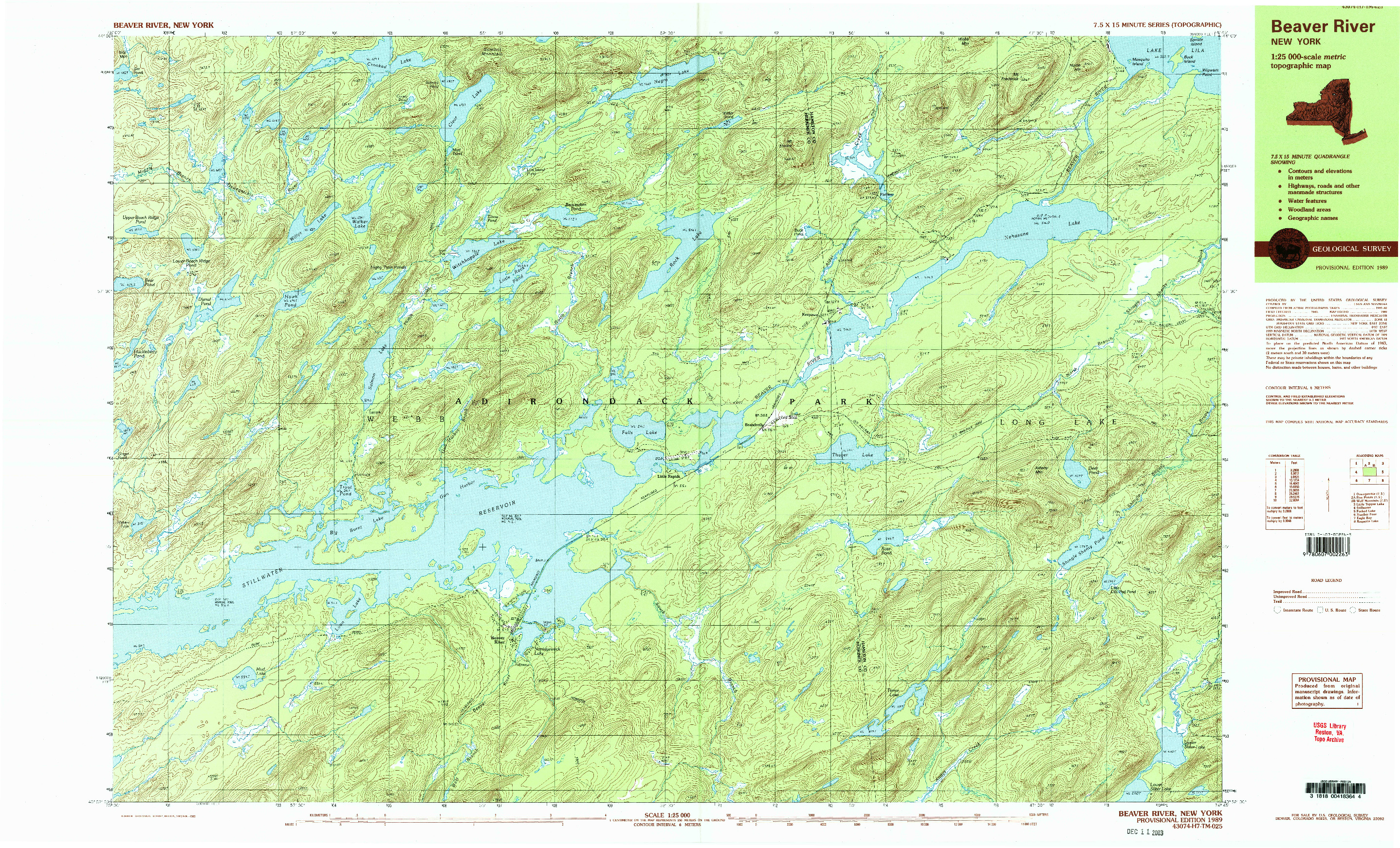 USGS 1:25000-SCALE QUADRANGLE FOR BEAVERS RIVER, NY 1989