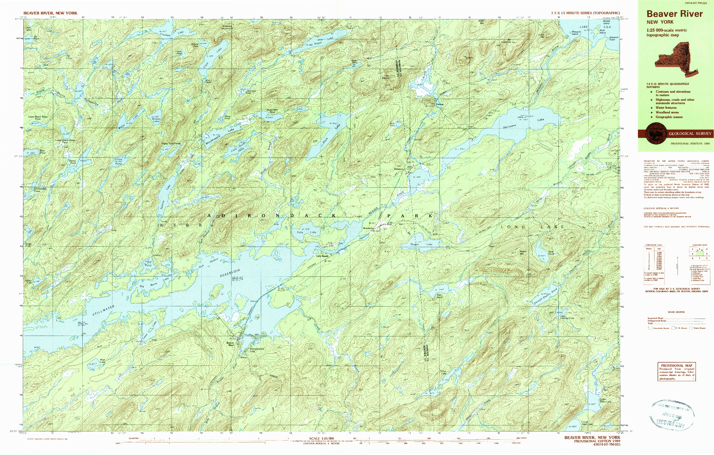 USGS 1:25000-SCALE QUADRANGLE FOR BEAVERS RIVER, NY 1989