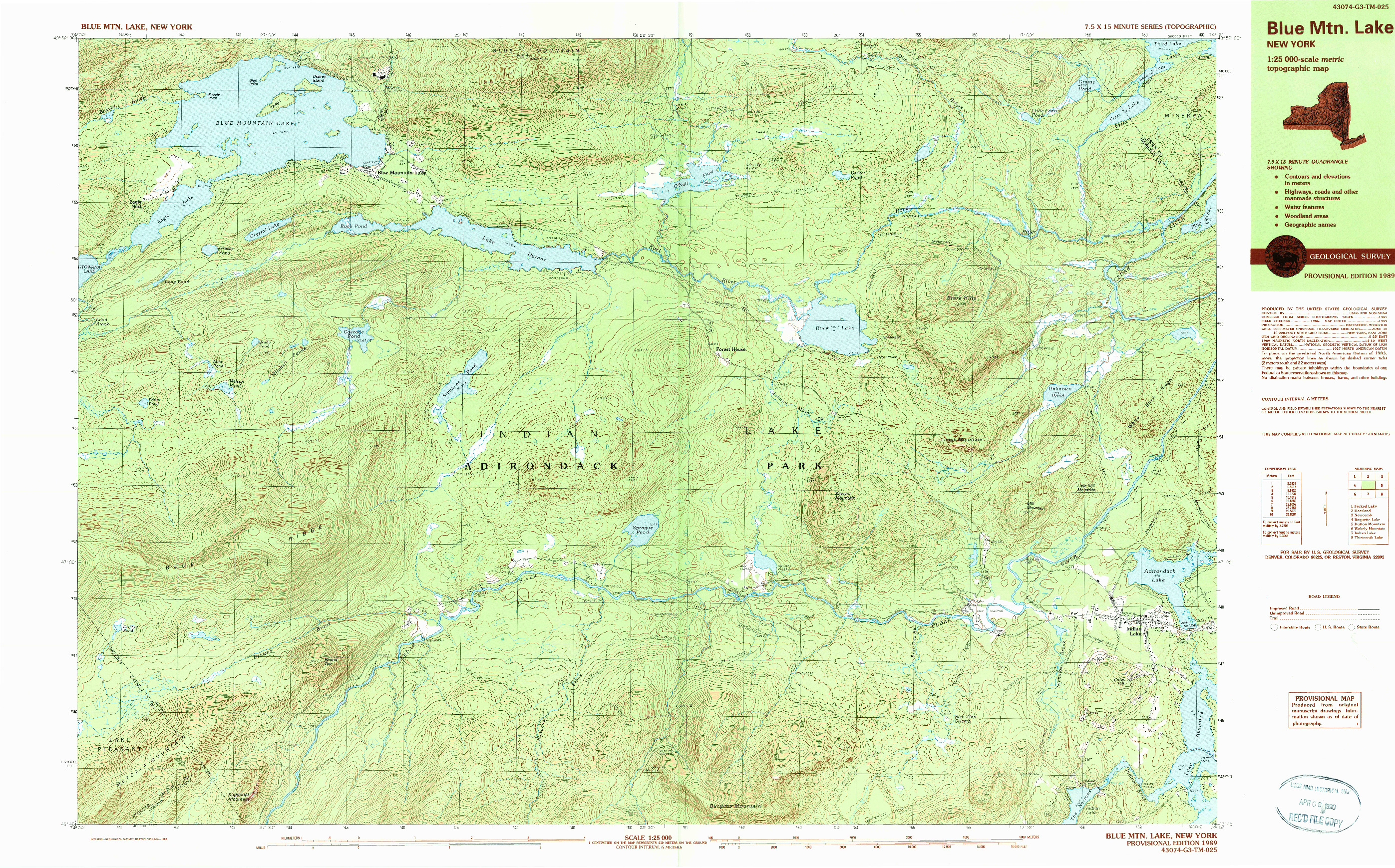 USGS 1:25000-SCALE QUADRANGLE FOR BLUE MTN LAKE, NY 1989