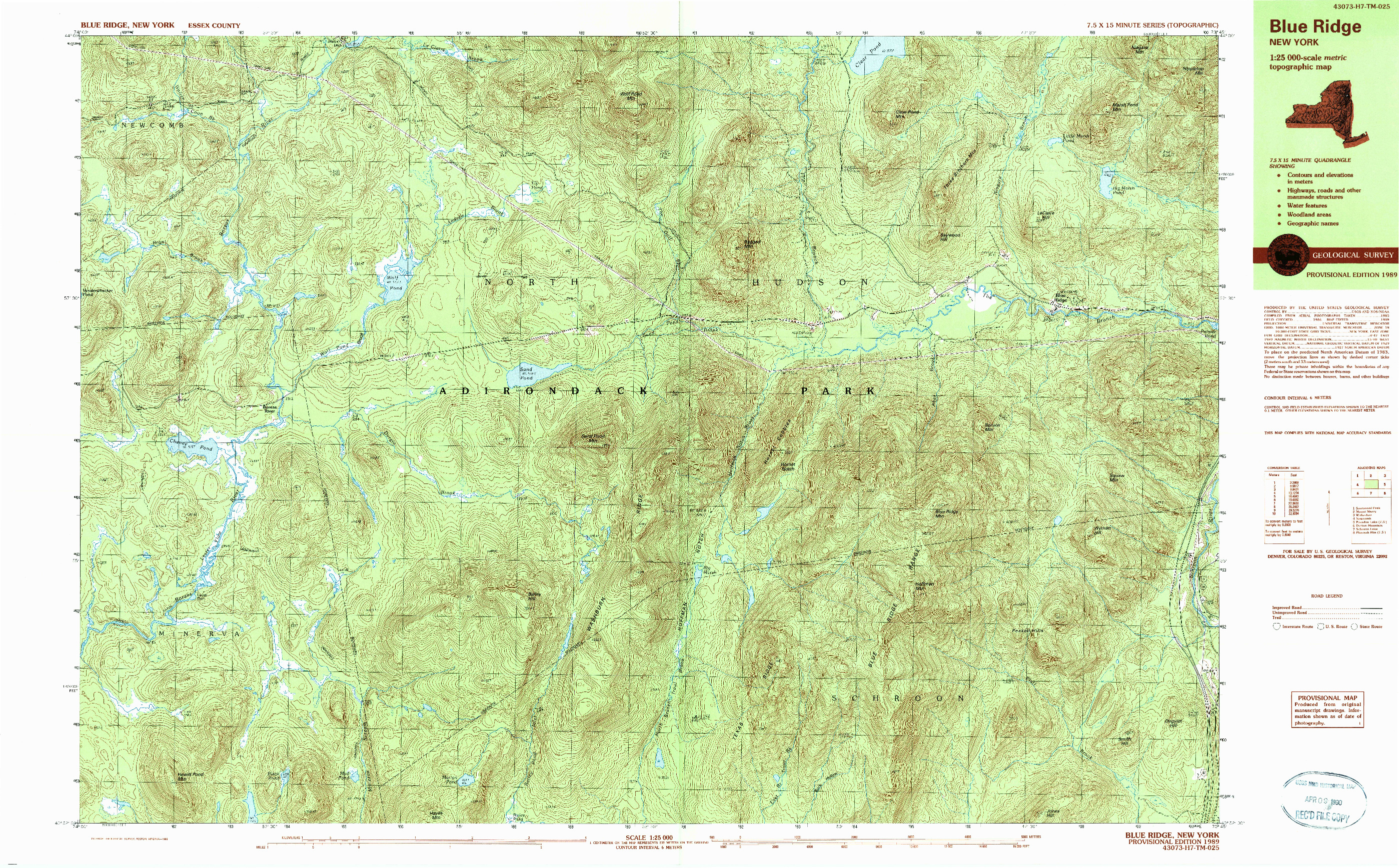 USGS 1:25000-SCALE QUADRANGLE FOR BLUE RIDGE, NY 1989