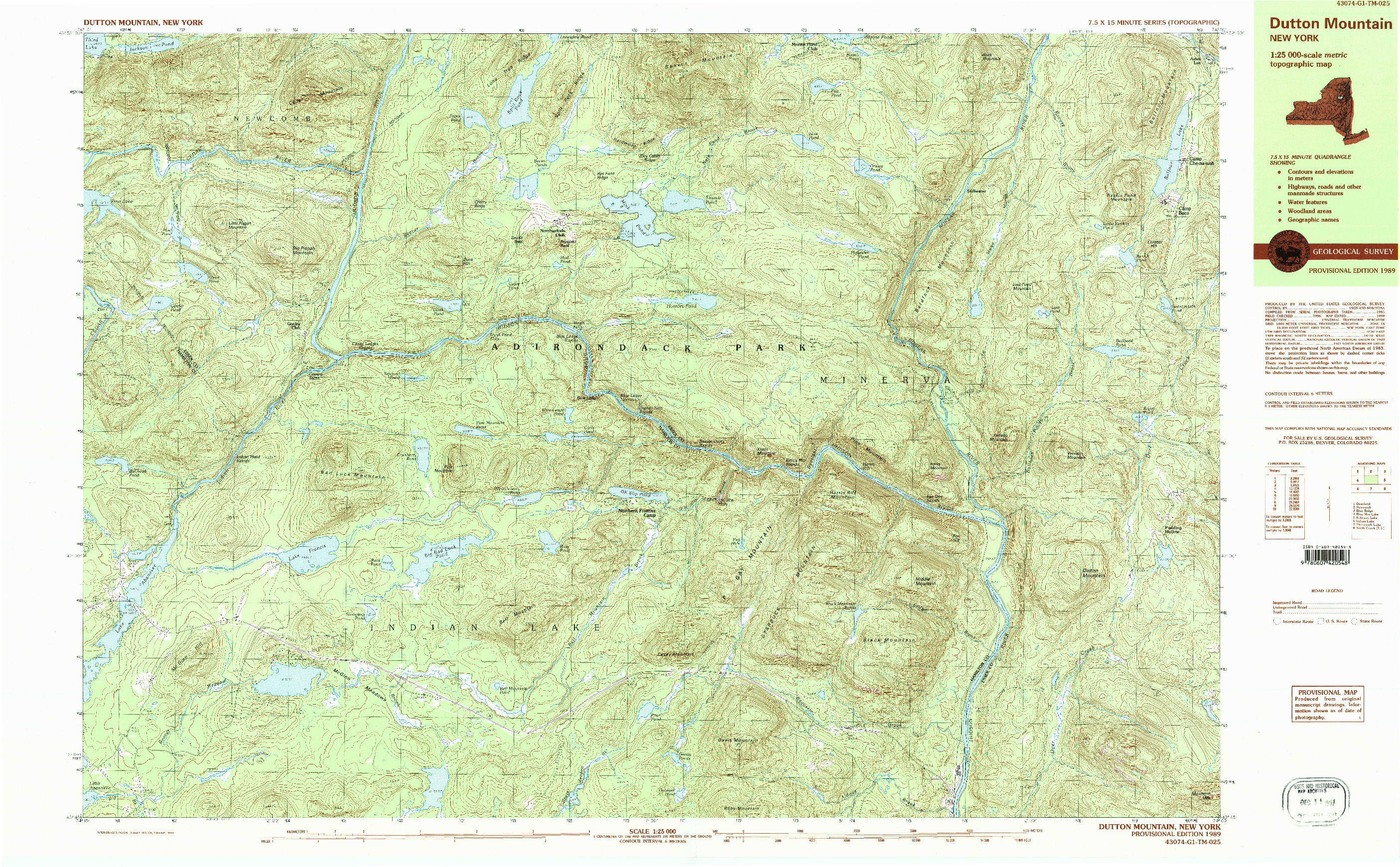 USGS 1:25000-SCALE QUADRANGLE FOR DUTTON MOUNTAIN, NY 1989