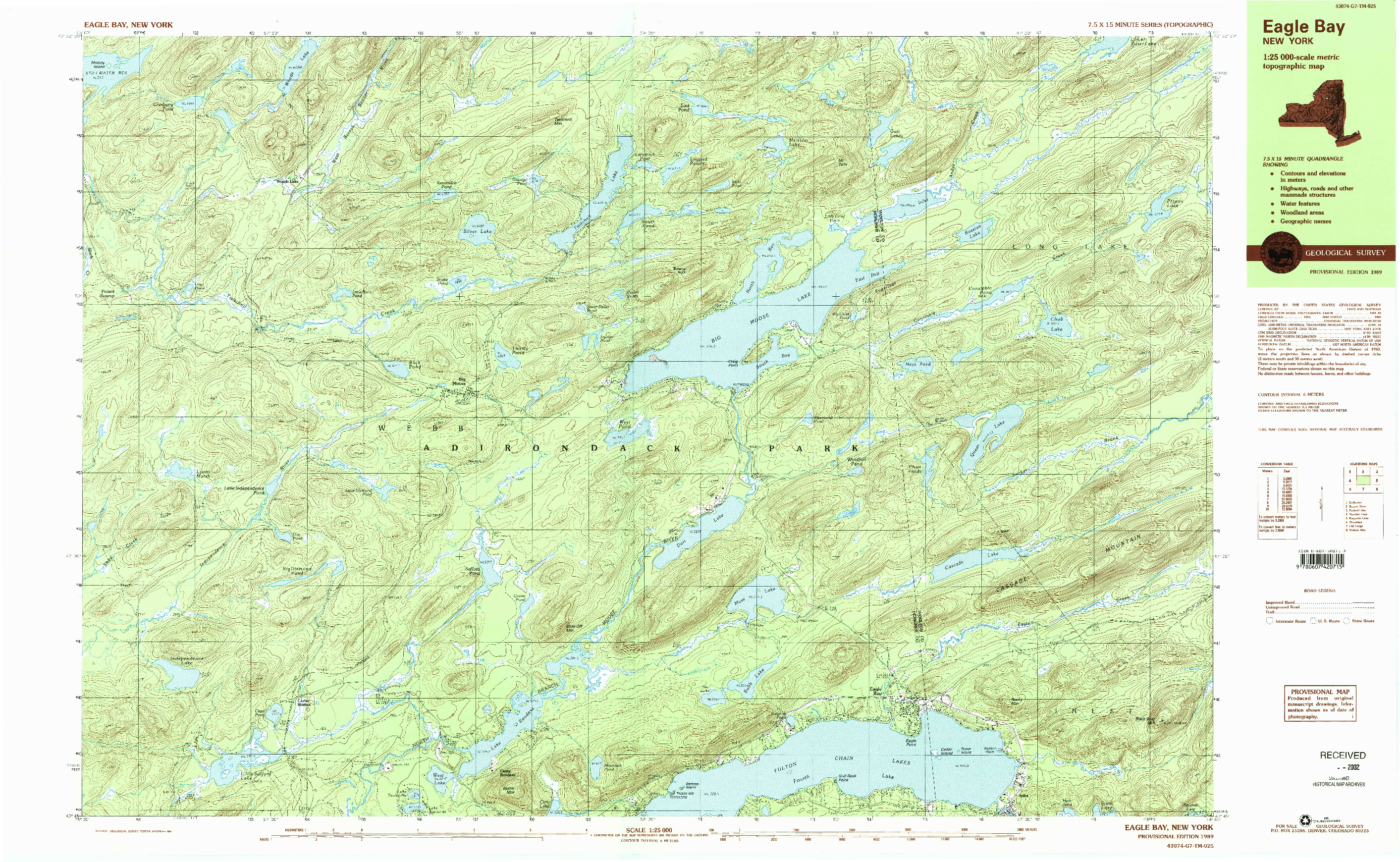 USGS 1:25000-SCALE QUADRANGLE FOR EAGLE BAY, NY 1989