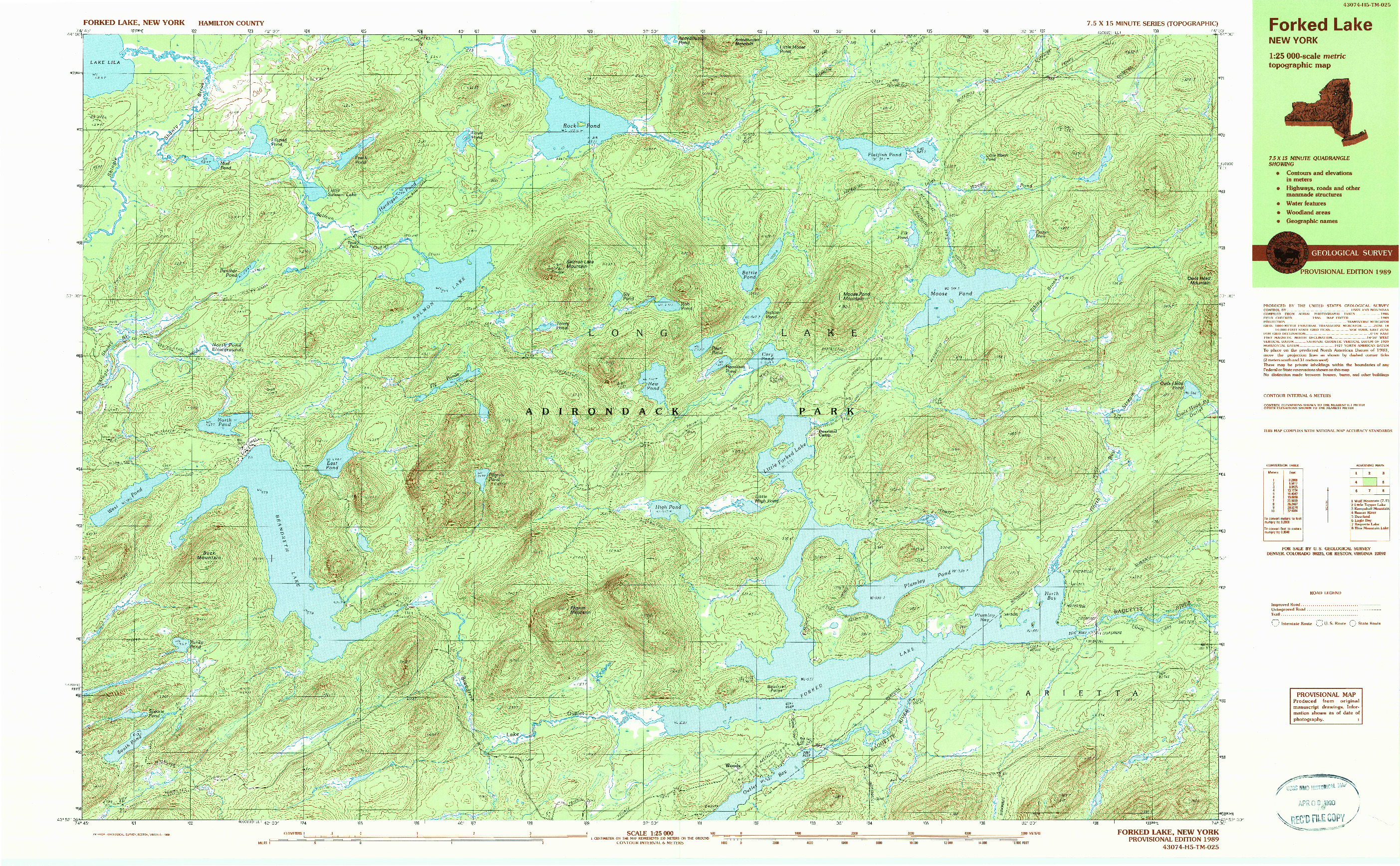 USGS 1:25000-SCALE QUADRANGLE FOR FORKED LAKE, NY 1989