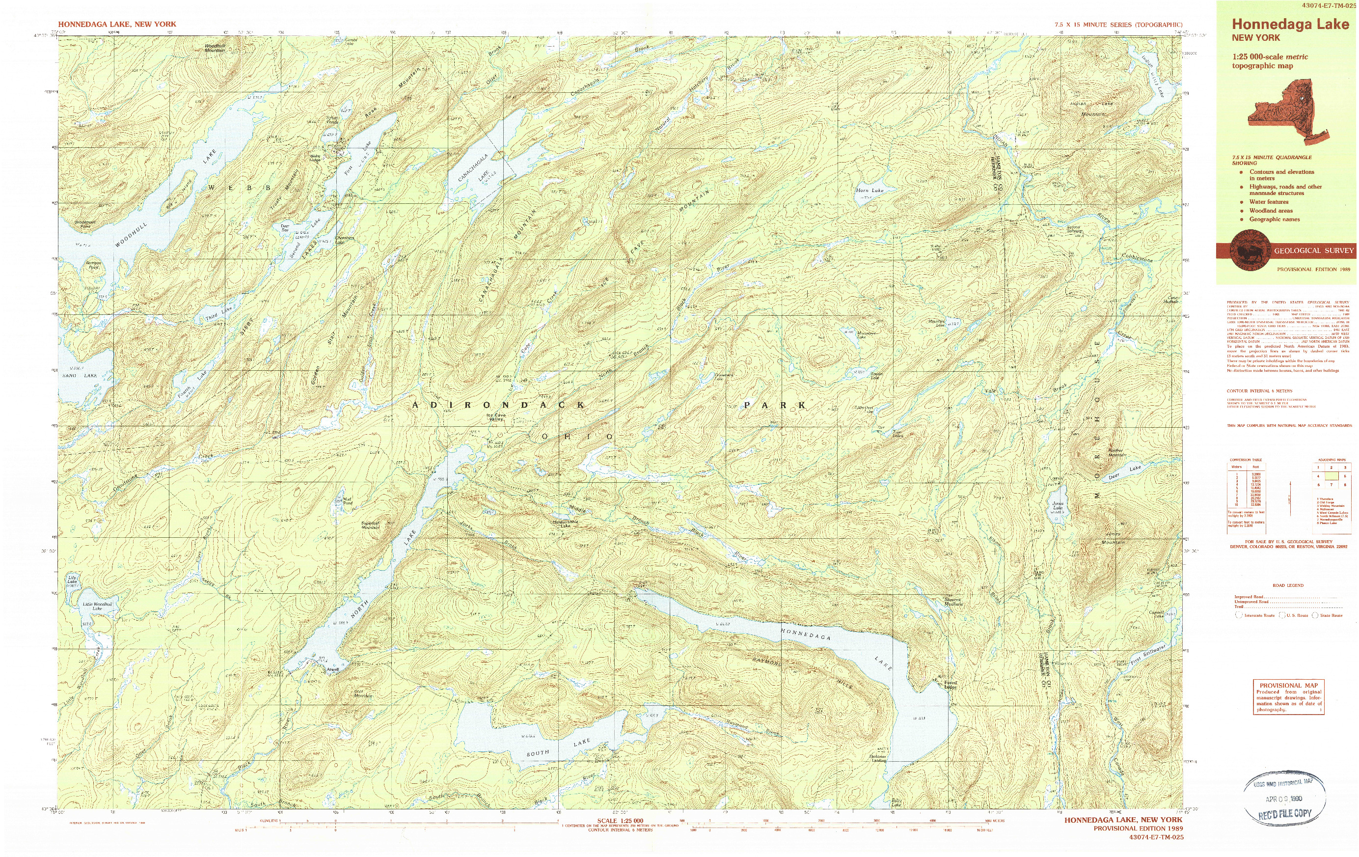 USGS 1:25000-SCALE QUADRANGLE FOR HONNEDAGA LAKE, NY 1989