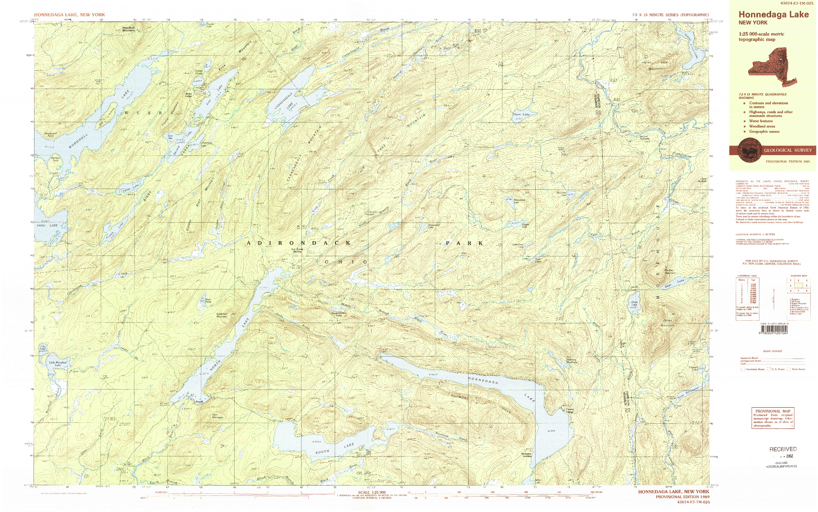 USGS 1:25000-SCALE QUADRANGLE FOR HONNEDAGA LAKE, NY 1989