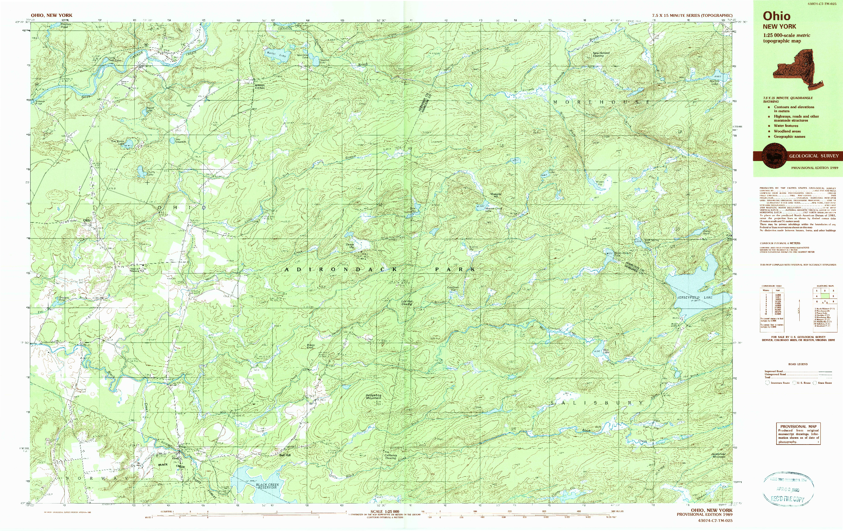 USGS 1:25000-SCALE QUADRANGLE FOR OHIO, NY 1989