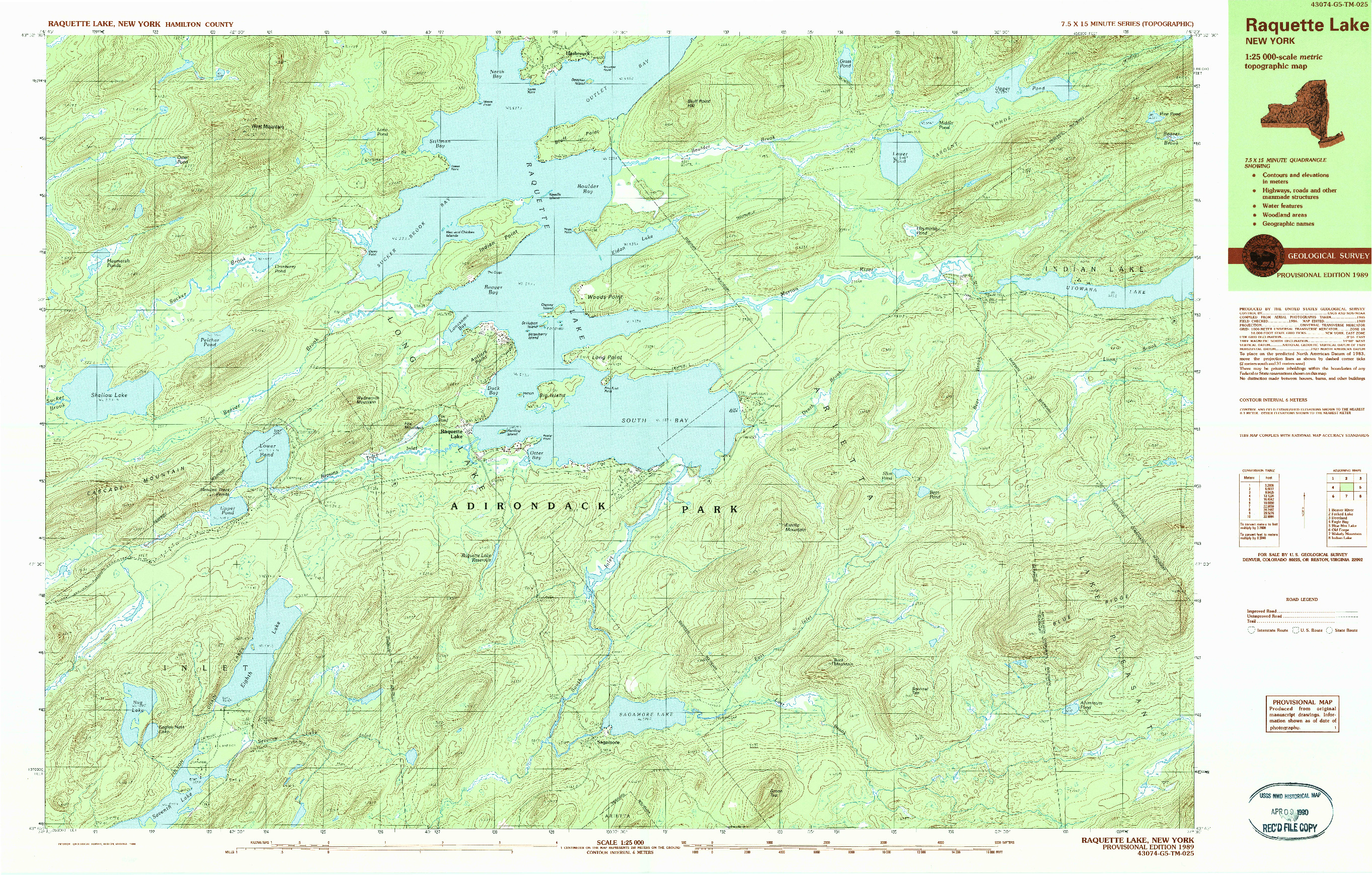 USGS 1:25000-SCALE QUADRANGLE FOR RAQUETTE LAKE, NY 1989