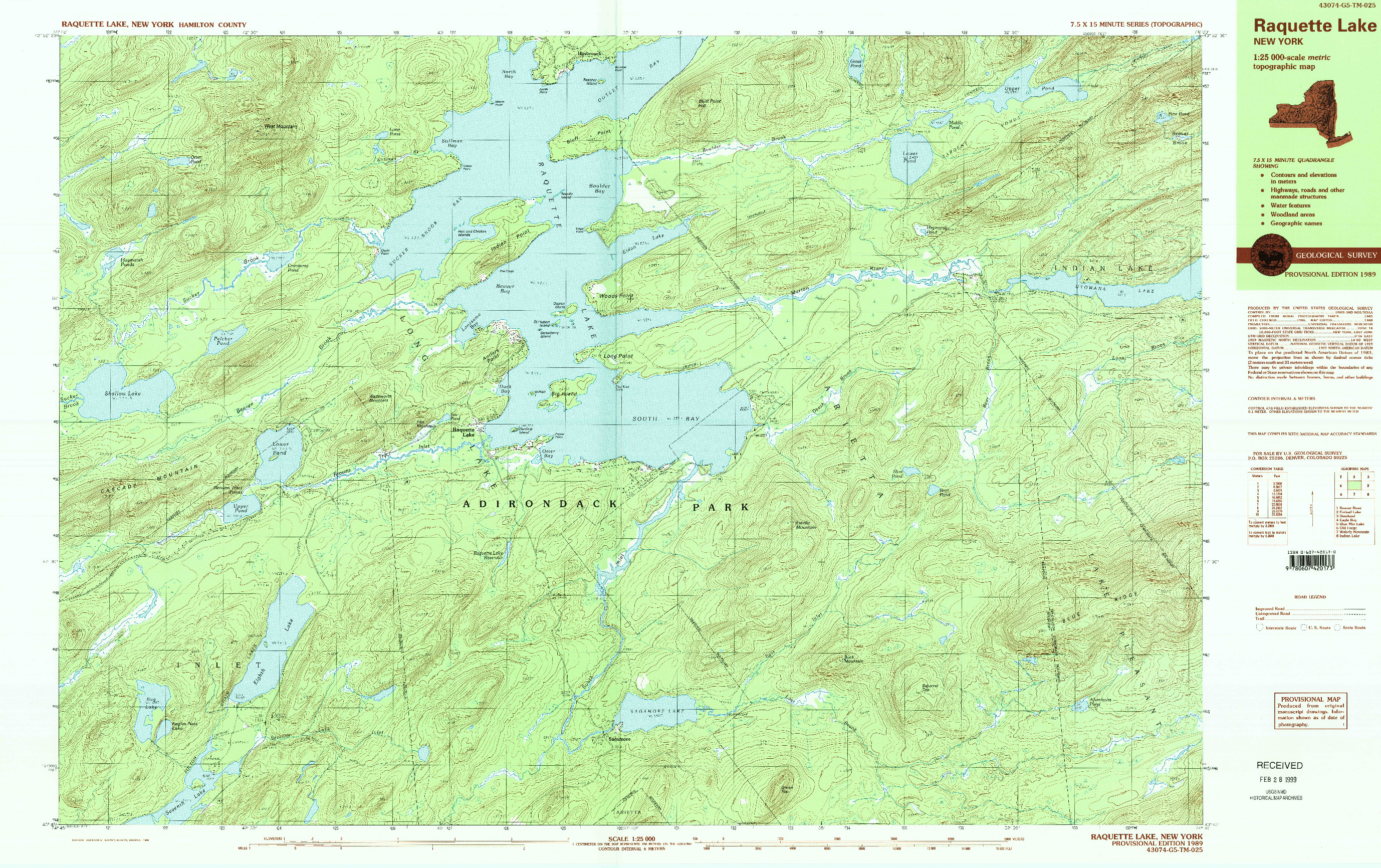 USGS 1:25000-SCALE QUADRANGLE FOR RAQUETTE LAKE, NY 1989