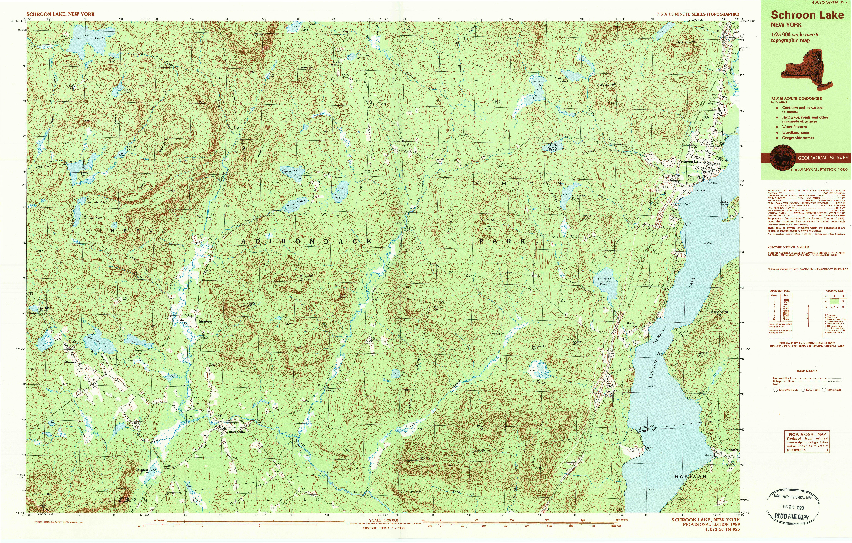 USGS 1:25000-SCALE QUADRANGLE FOR SCHROON LAKE, NY 1989