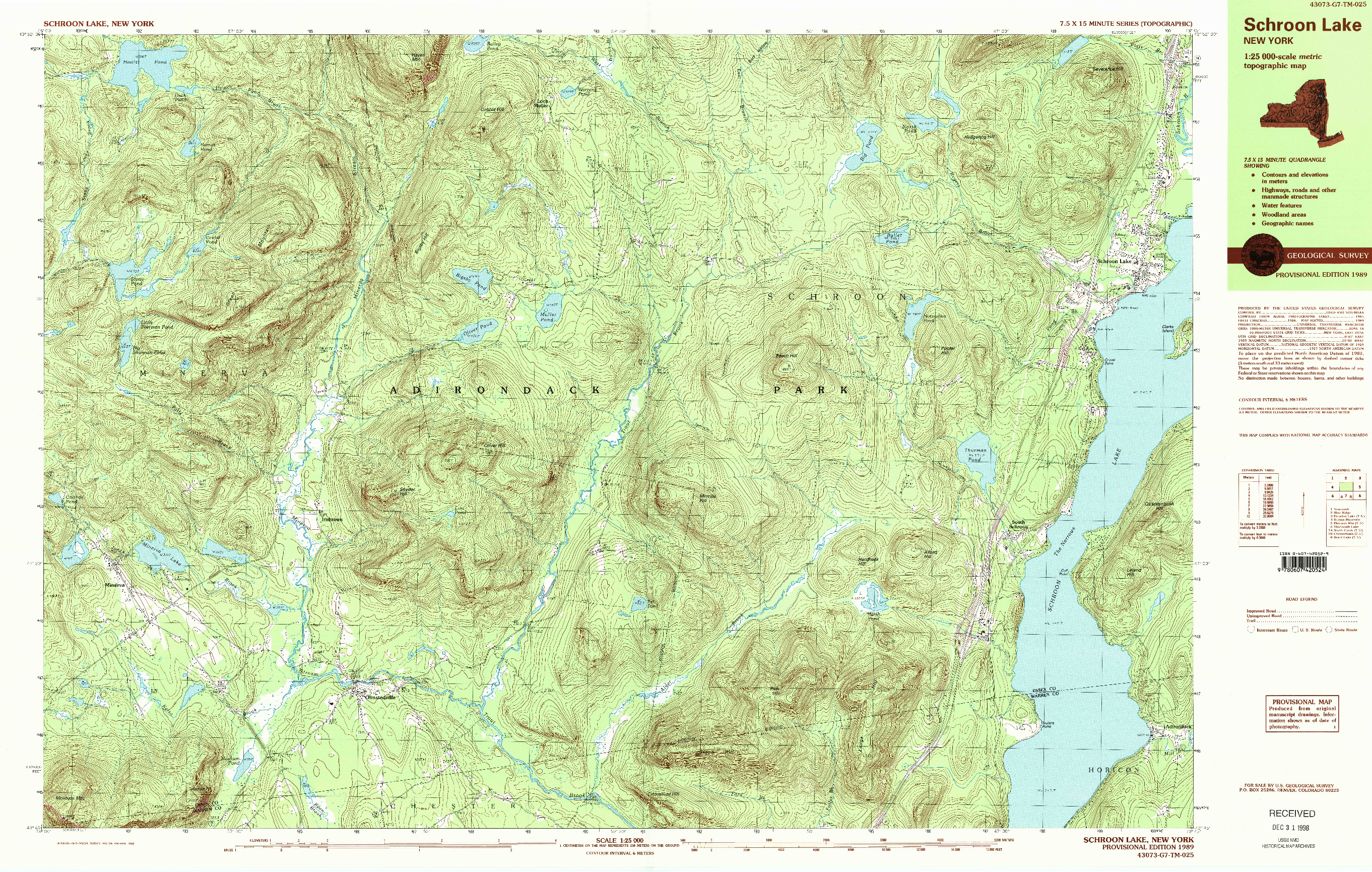 USGS 1:25000-SCALE QUADRANGLE FOR SCHROON LAKE, NY 1989