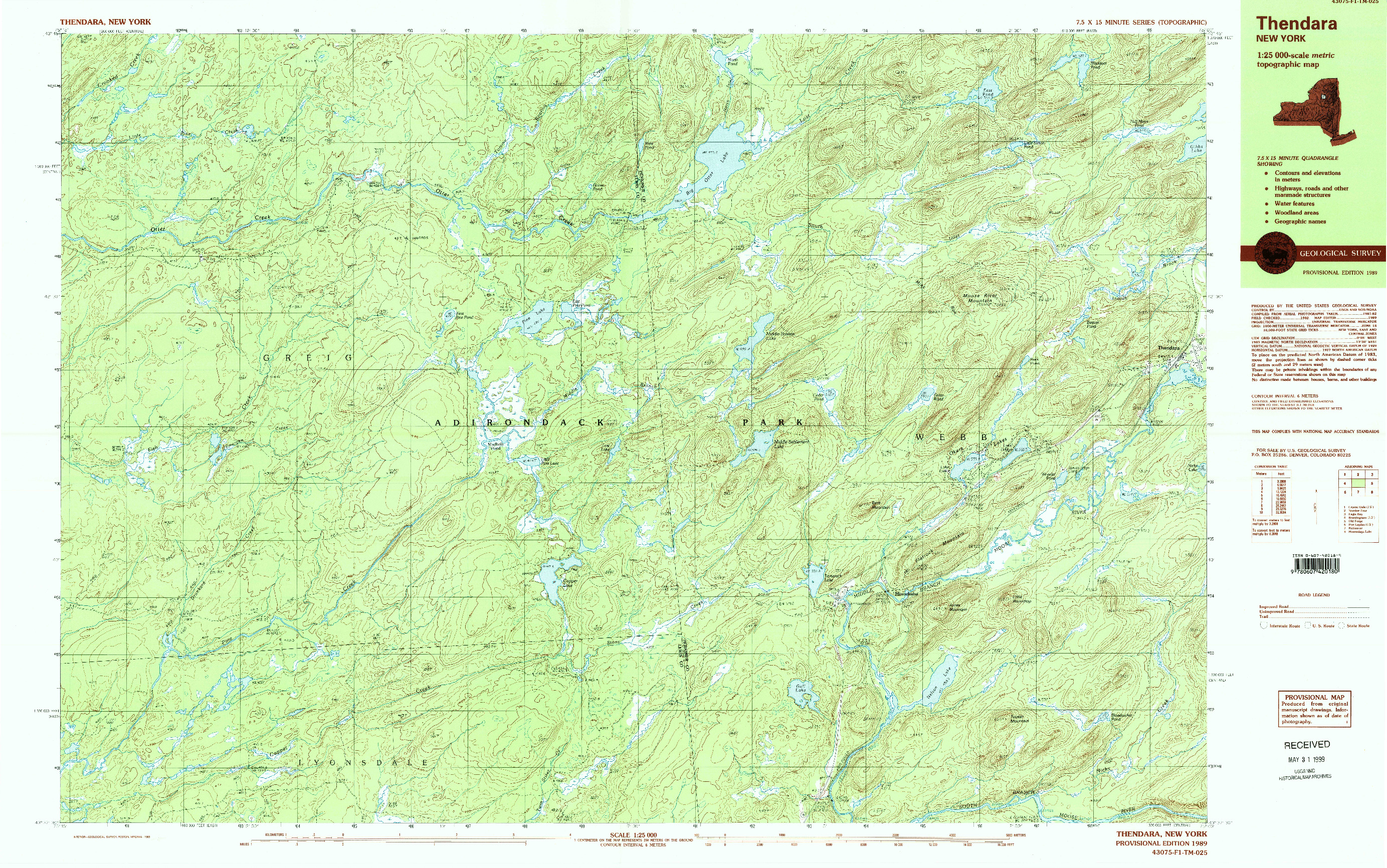 USGS 1:25000-SCALE QUADRANGLE FOR THENDARA, NY 1989