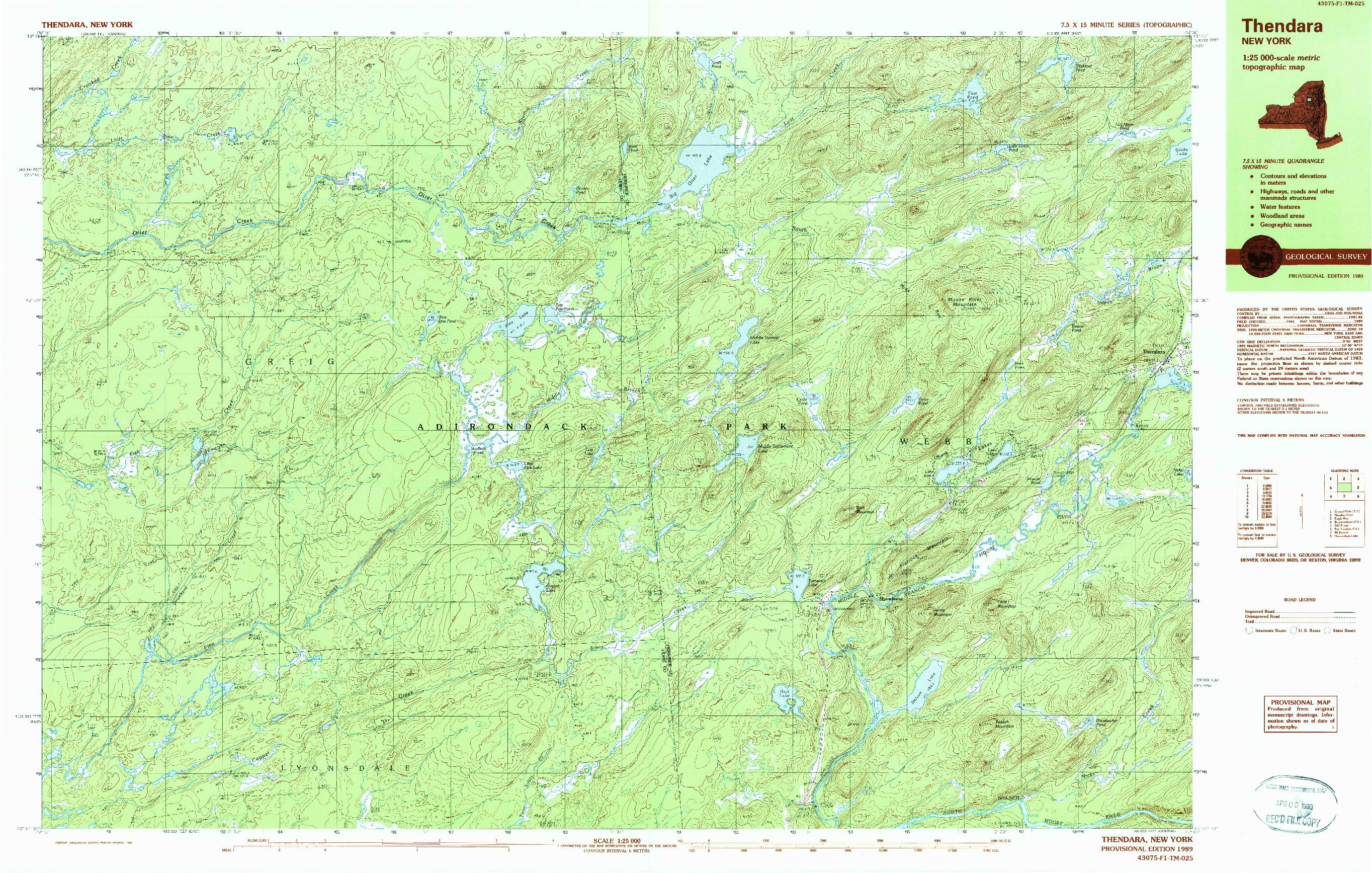 USGS 1:25000-SCALE QUADRANGLE FOR THENDARA, NY 1989