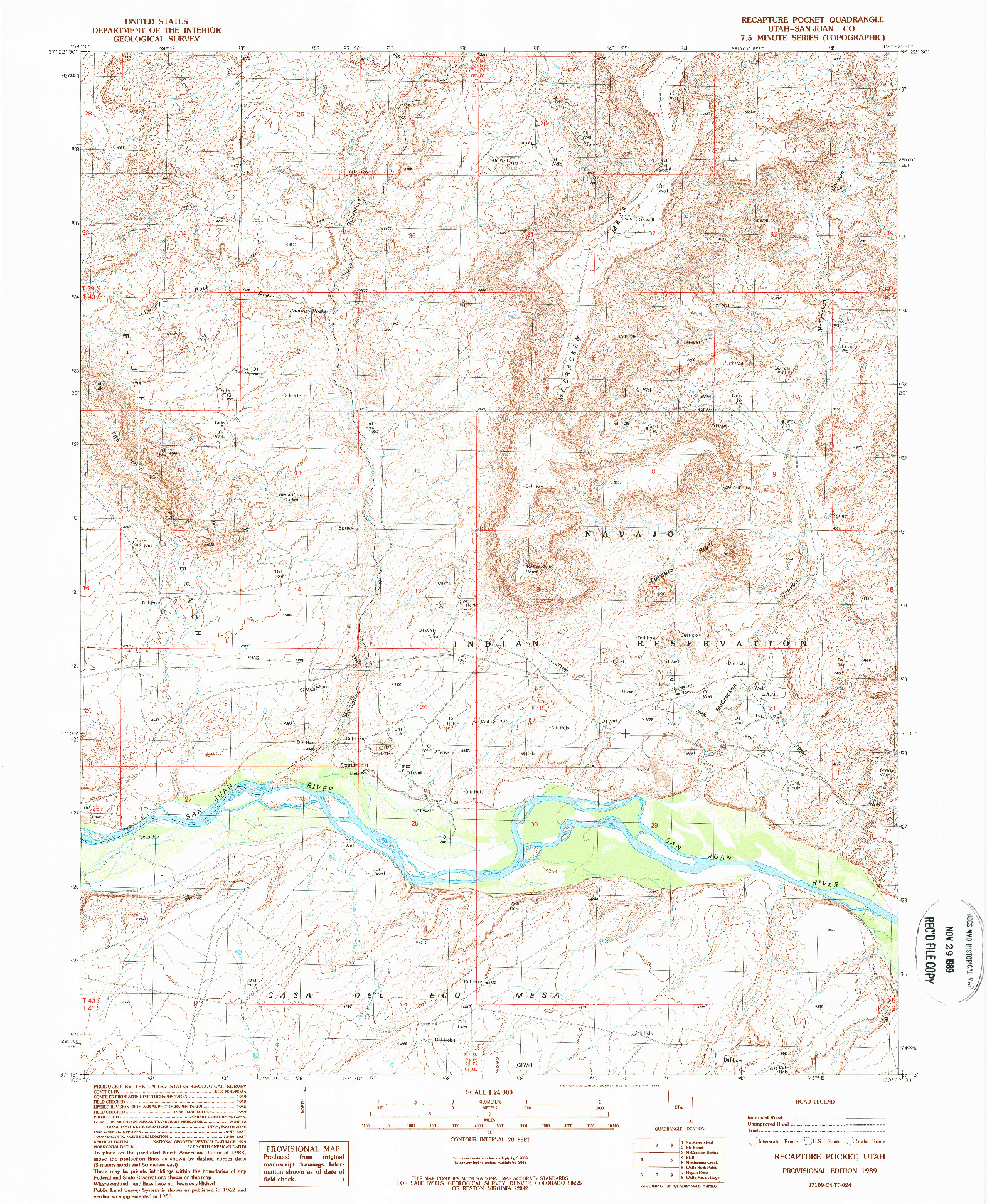 USGS 1:24000-SCALE QUADRANGLE FOR RECAPTURE POCKET, UT 1989