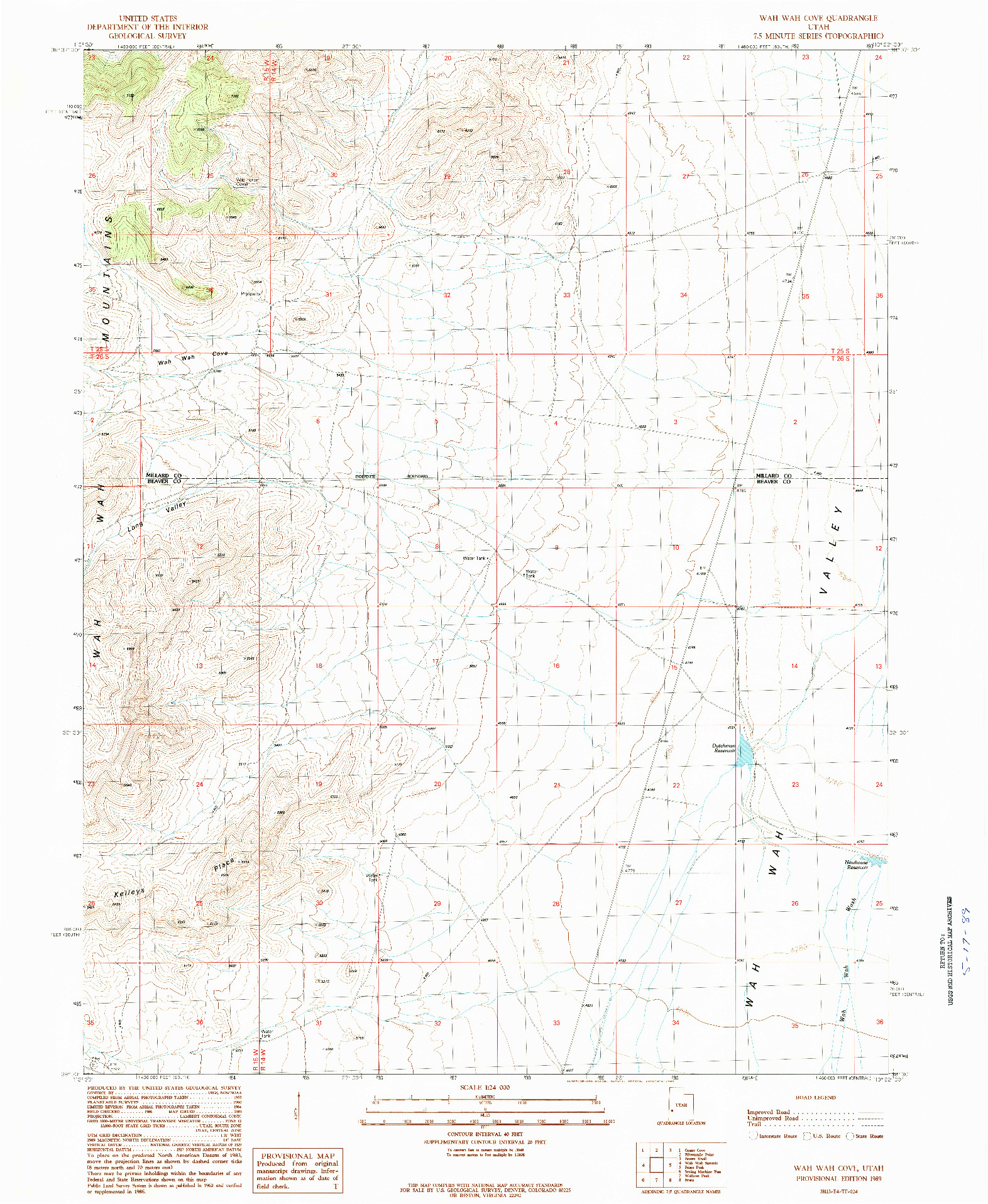 USGS 1:24000-SCALE QUADRANGLE FOR WAH WAH COVE, UT 1989