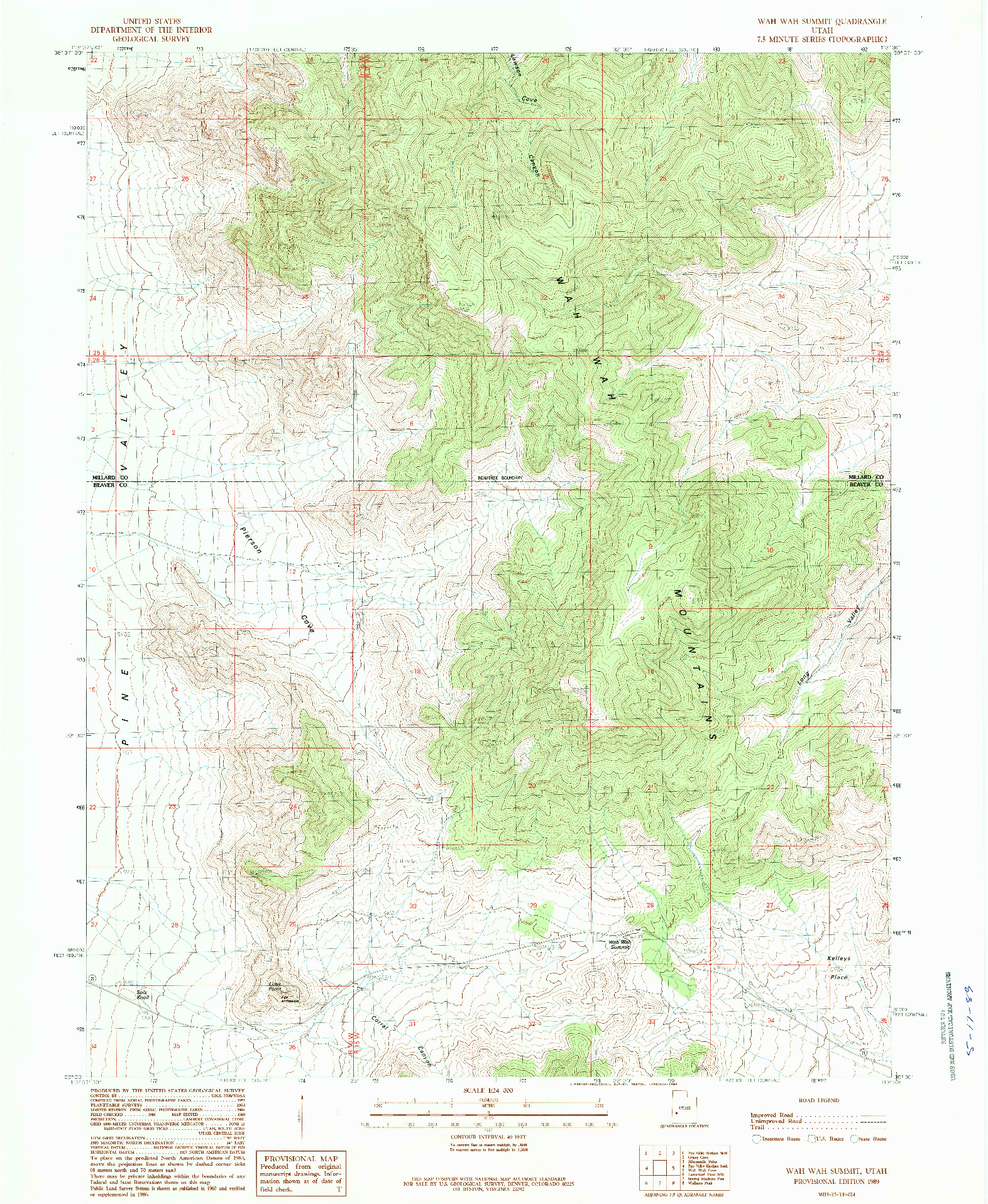 USGS 1:24000-SCALE QUADRANGLE FOR WAH WAH SUMMIT, UT 1989