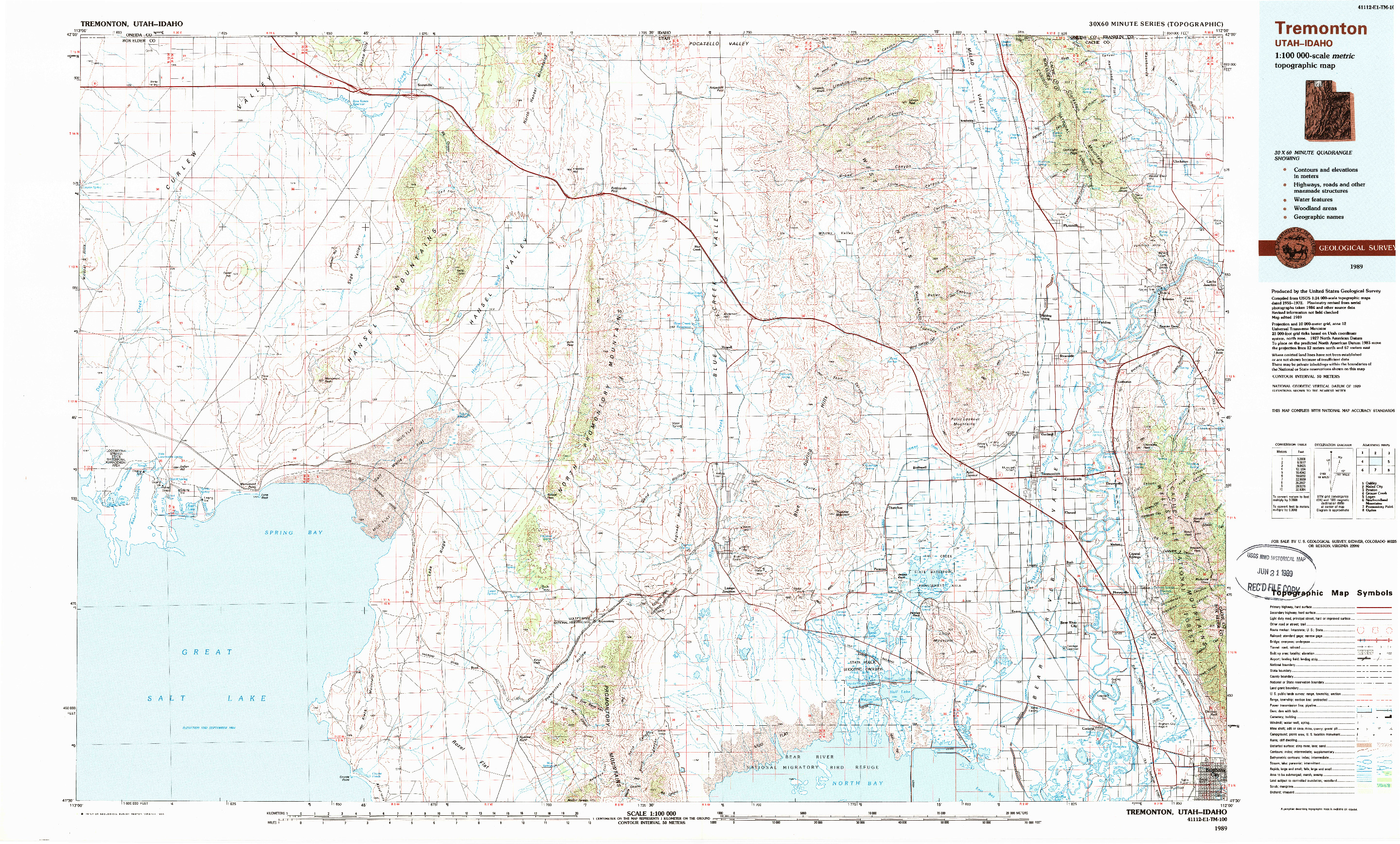 USGS 1:100000-SCALE QUADRANGLE FOR TREMONTON, UT 1989