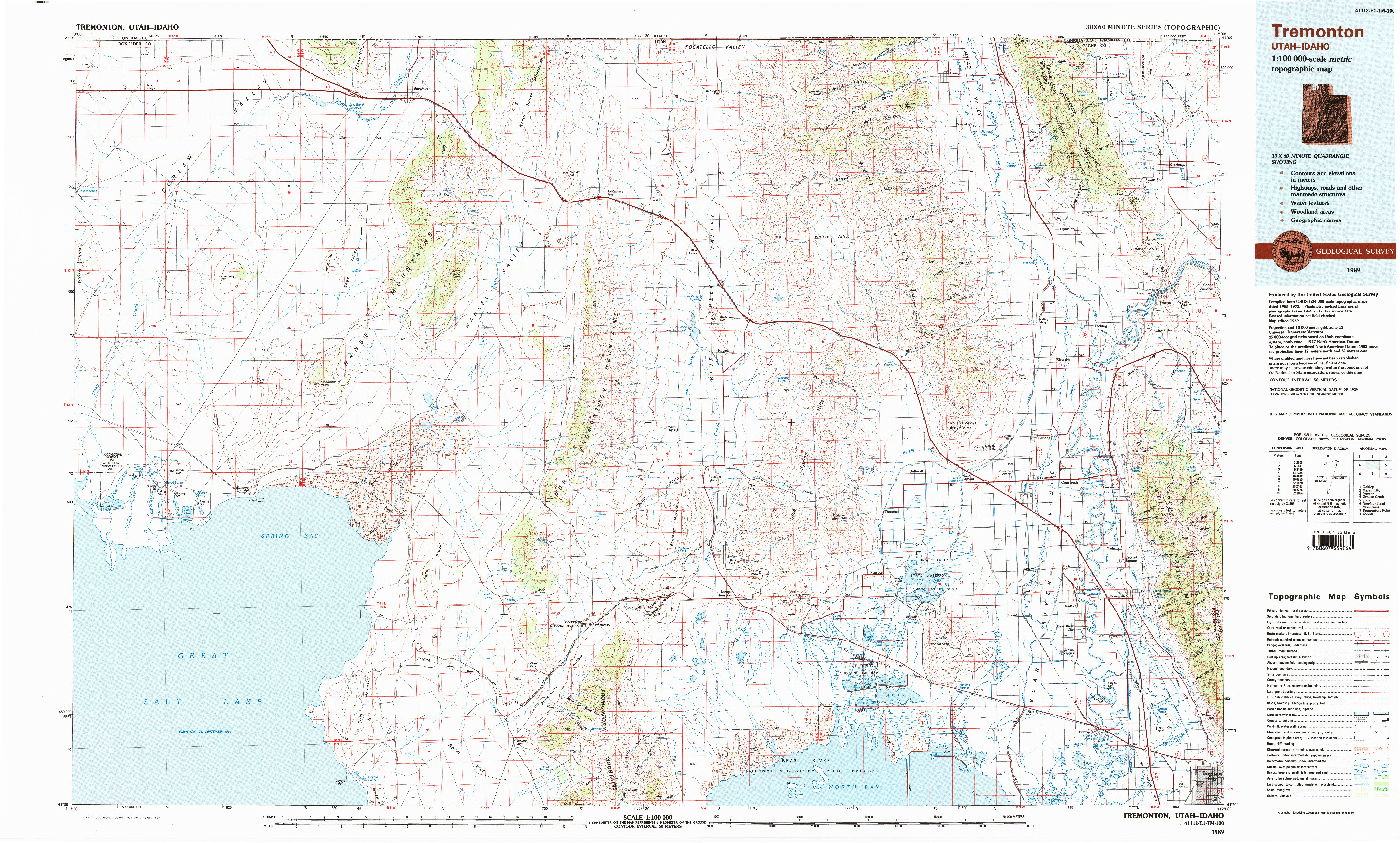 USGS 1:100000-SCALE QUADRANGLE FOR TREMONTON, UT 1989