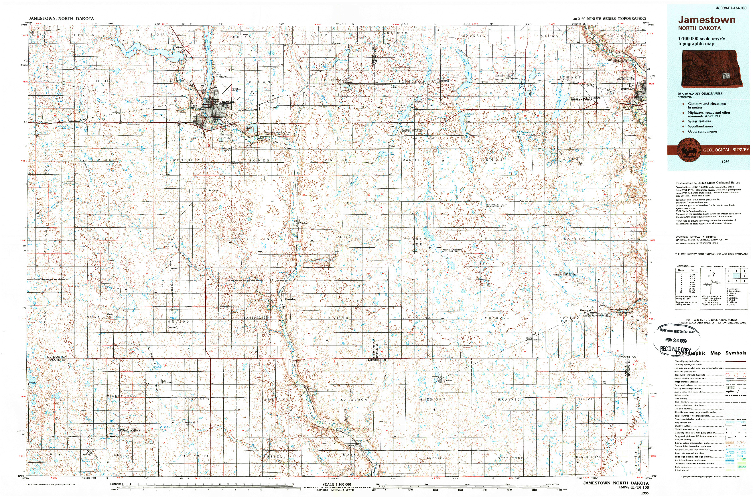 USGS 1:100000-SCALE QUADRANGLE FOR JAMESTOWN, ND 1986